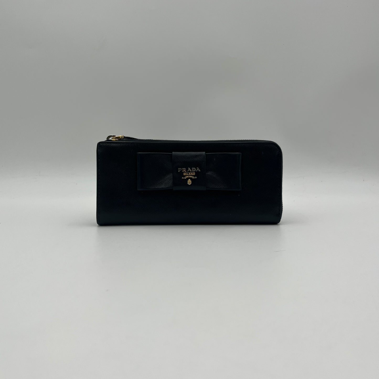 Prada Black Saffiano Bow Long Zippy Wallet
