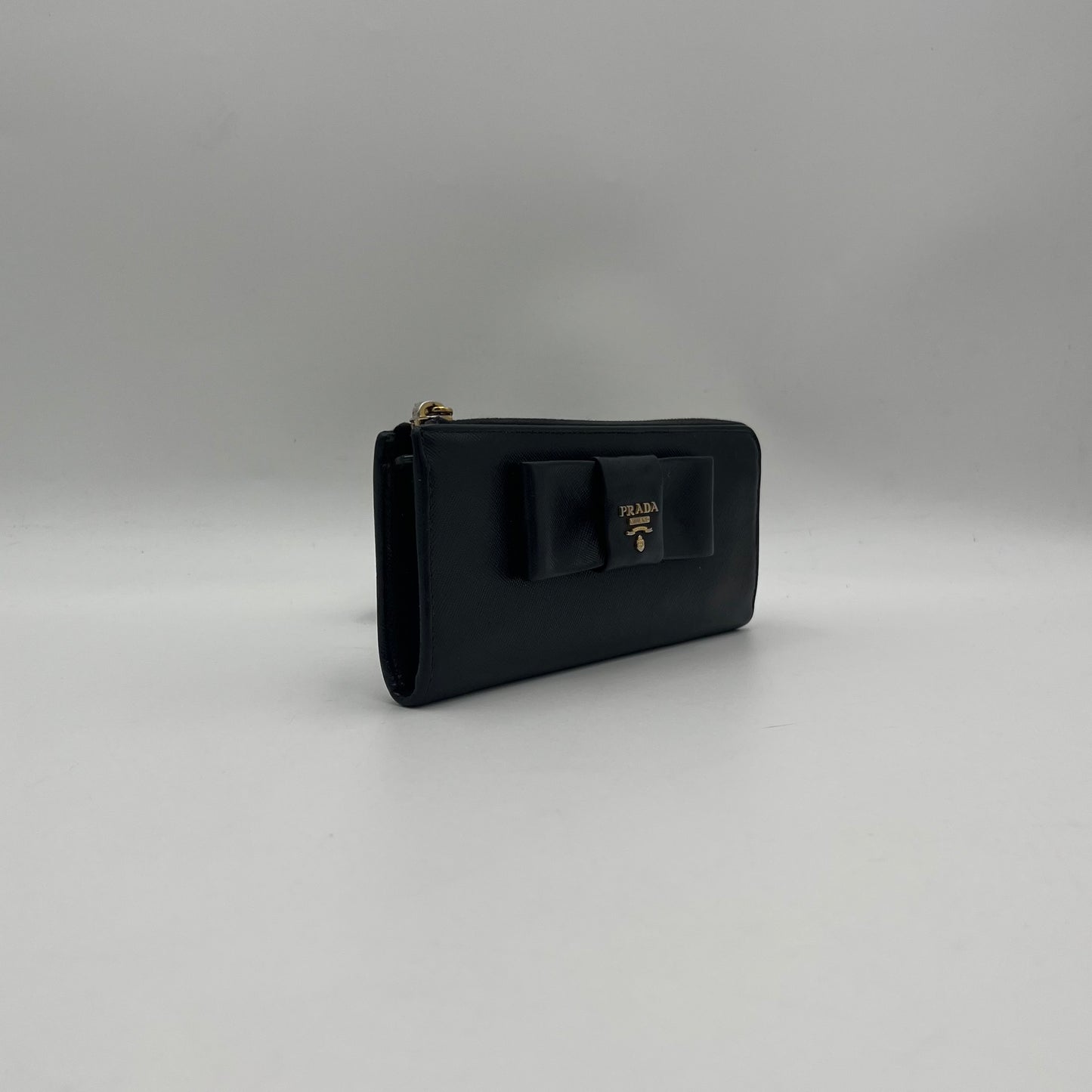 Prada Black Saffiano Bow Long Zippy Wallet