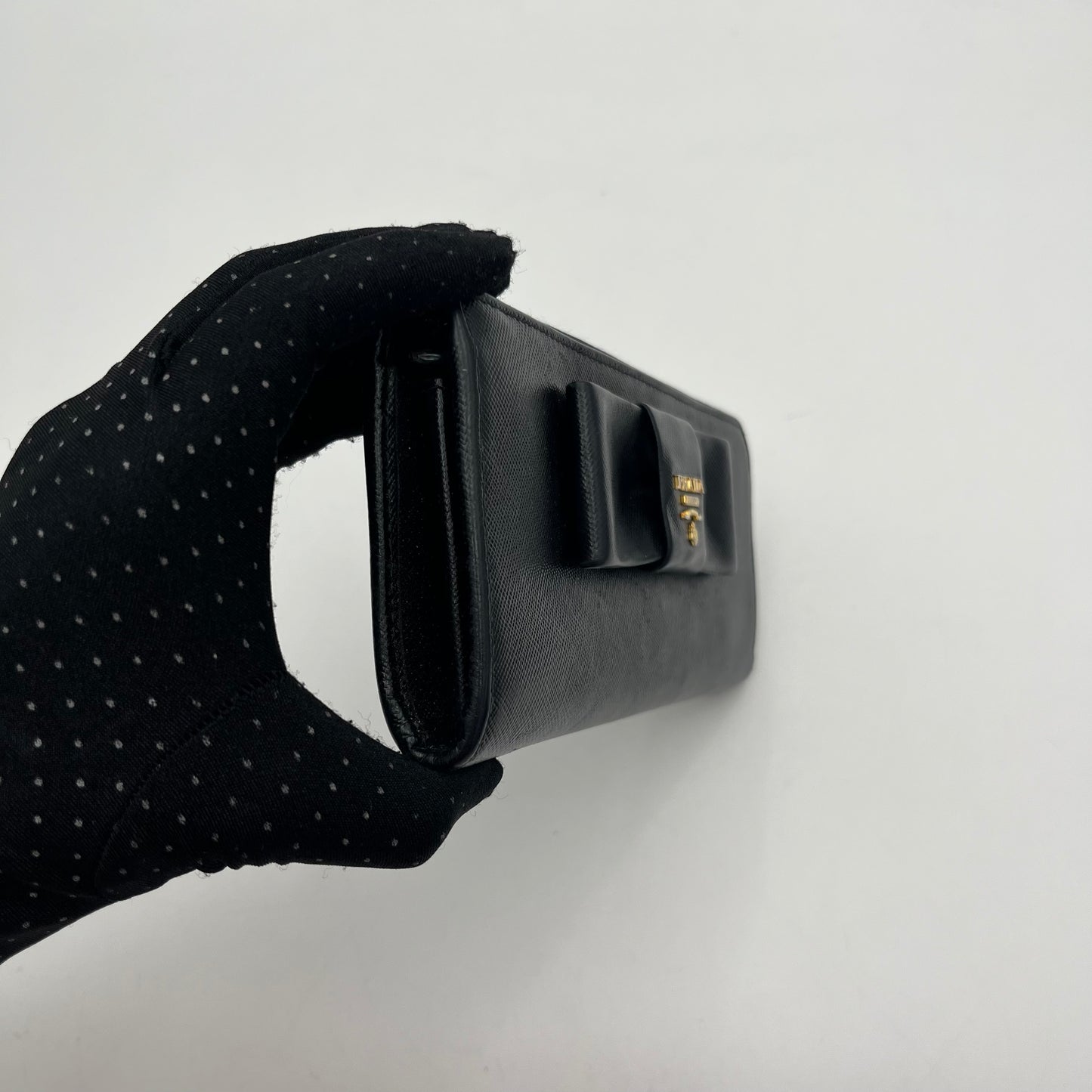 Prada Black Saffiano Bow Long Zippy Wallet