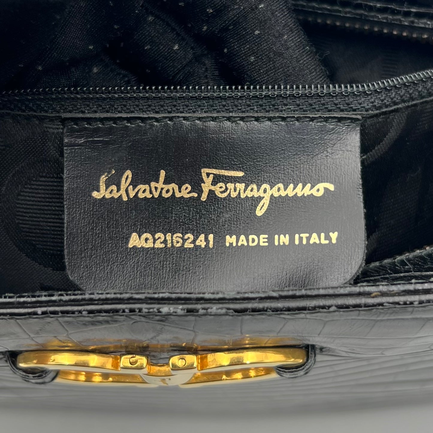 Salvatore Ferragamo Black Croc Embossed Gancini Shoulder Bag GHW