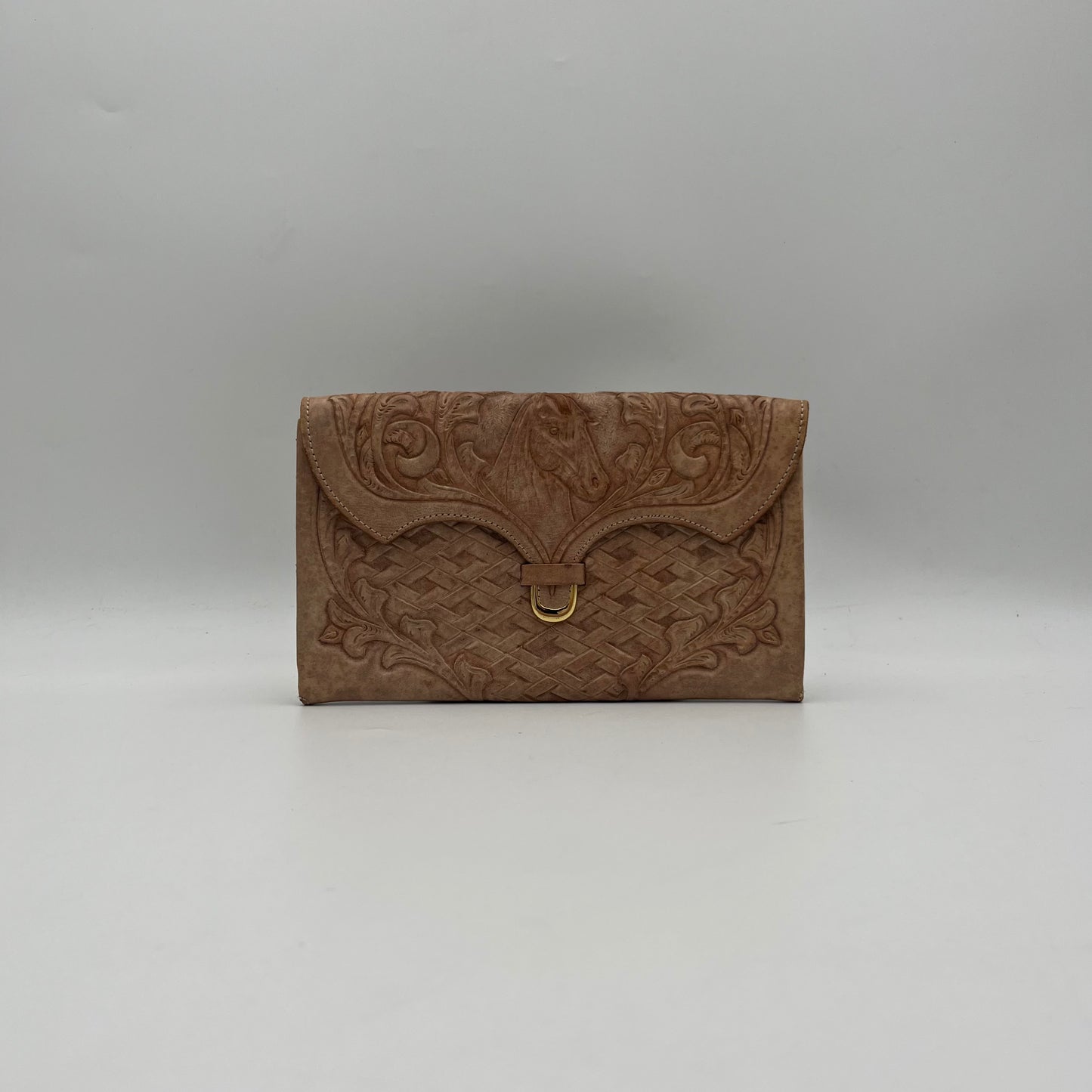 Vintage Beige Tooled Leather Flap Clutch