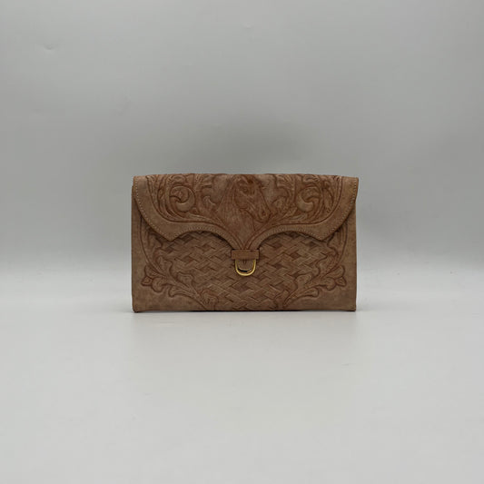 Vintage Beige Tooled Leather Flap Clutch