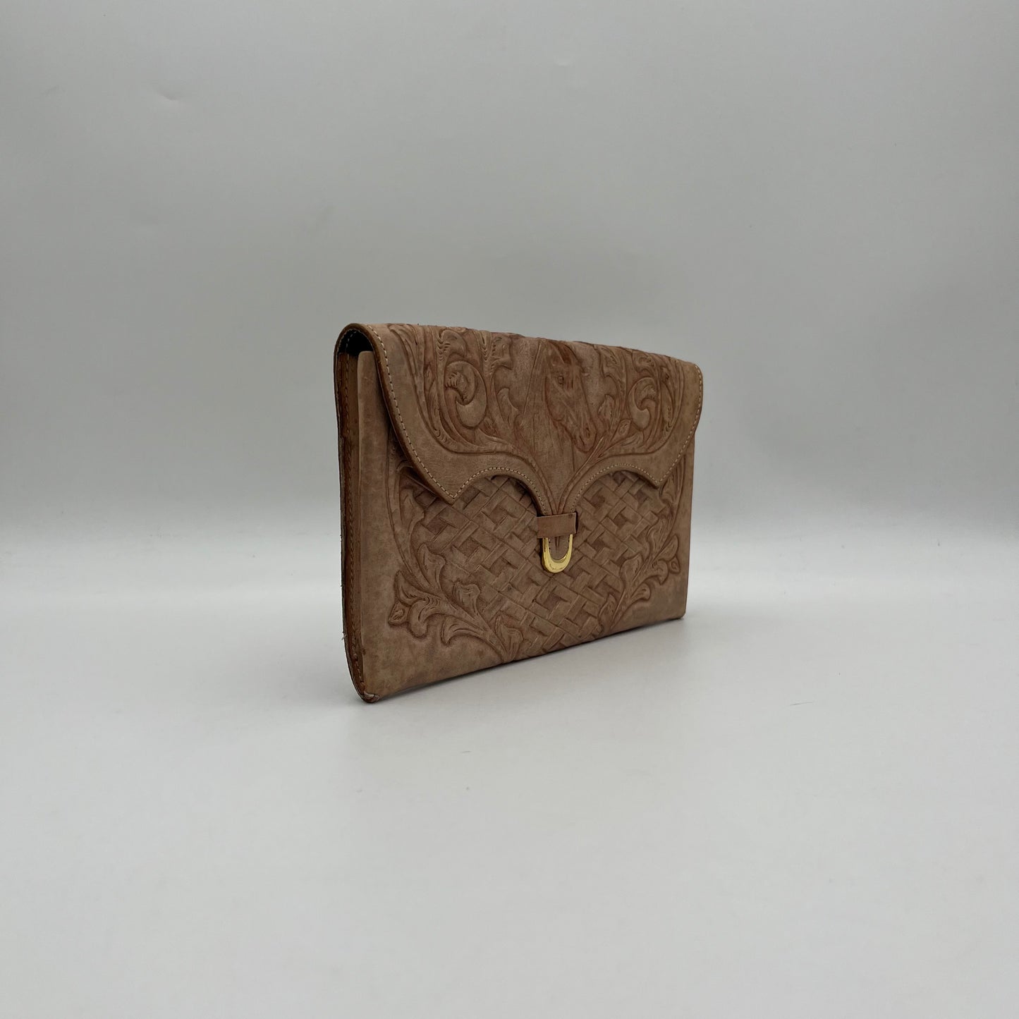 Vintage Beige Tooled Leather Flap Clutch