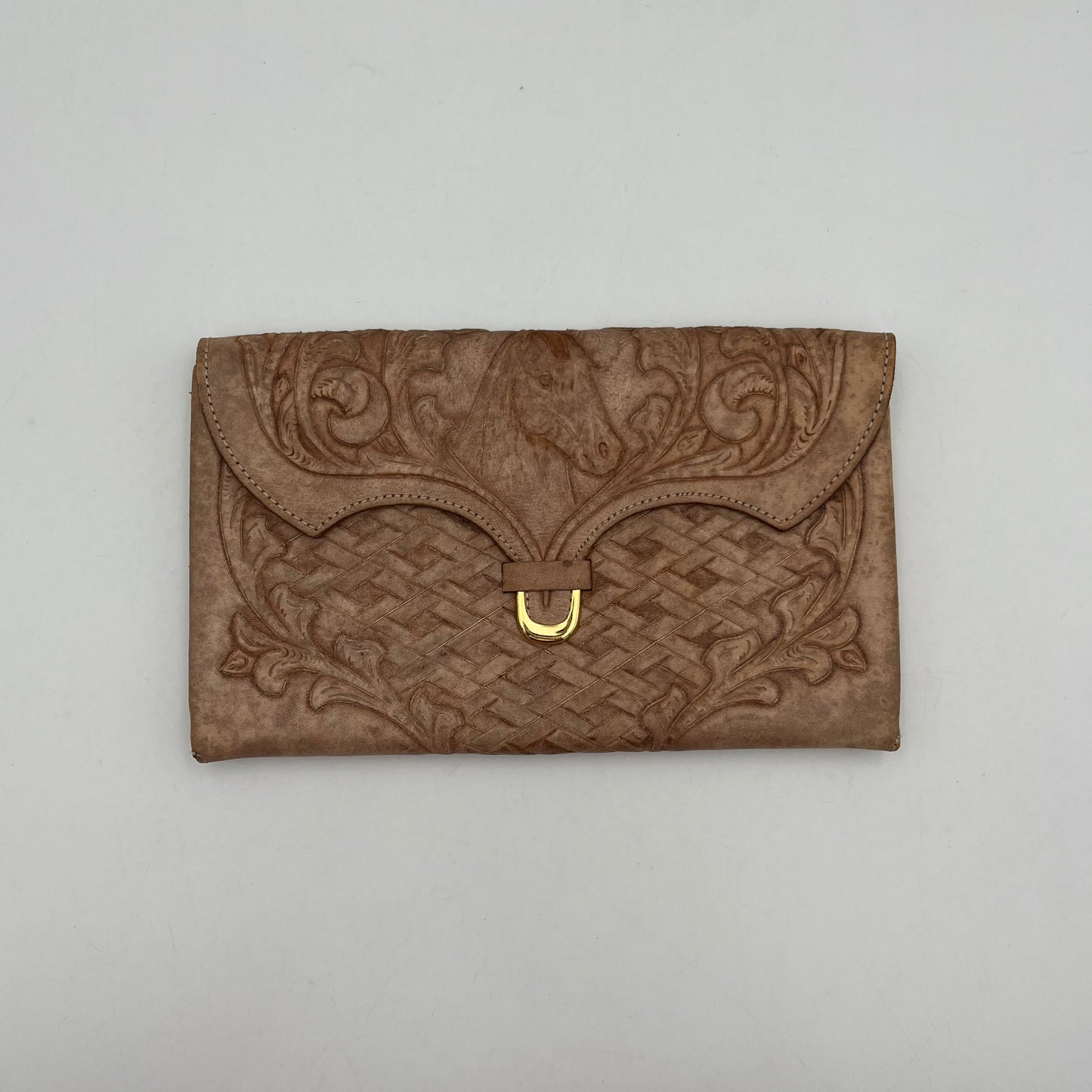 Vintage Beige Tooled Leather Flap Clutch