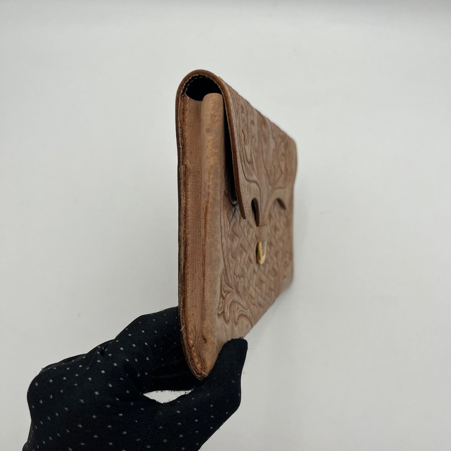 Vintage Beige Tooled Leather Flap Clutch