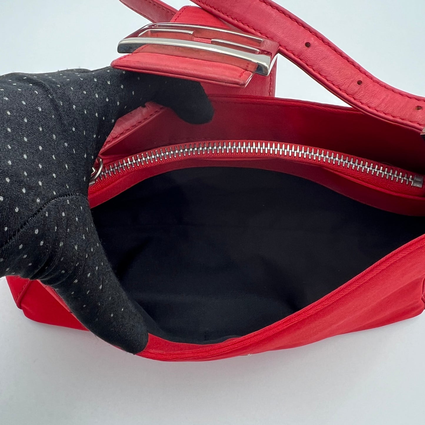 Fendi Red Nylon and Leather Hobo Baguette