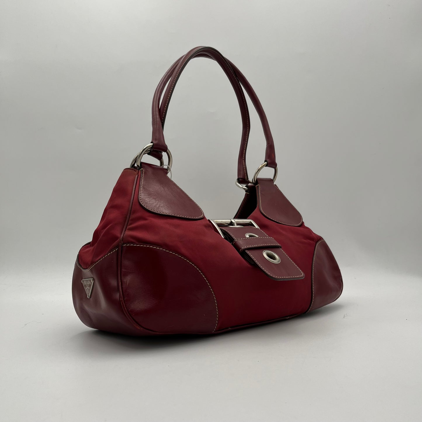 Prada Red Nylon and Leather Moon Hobo Shoulder Bag