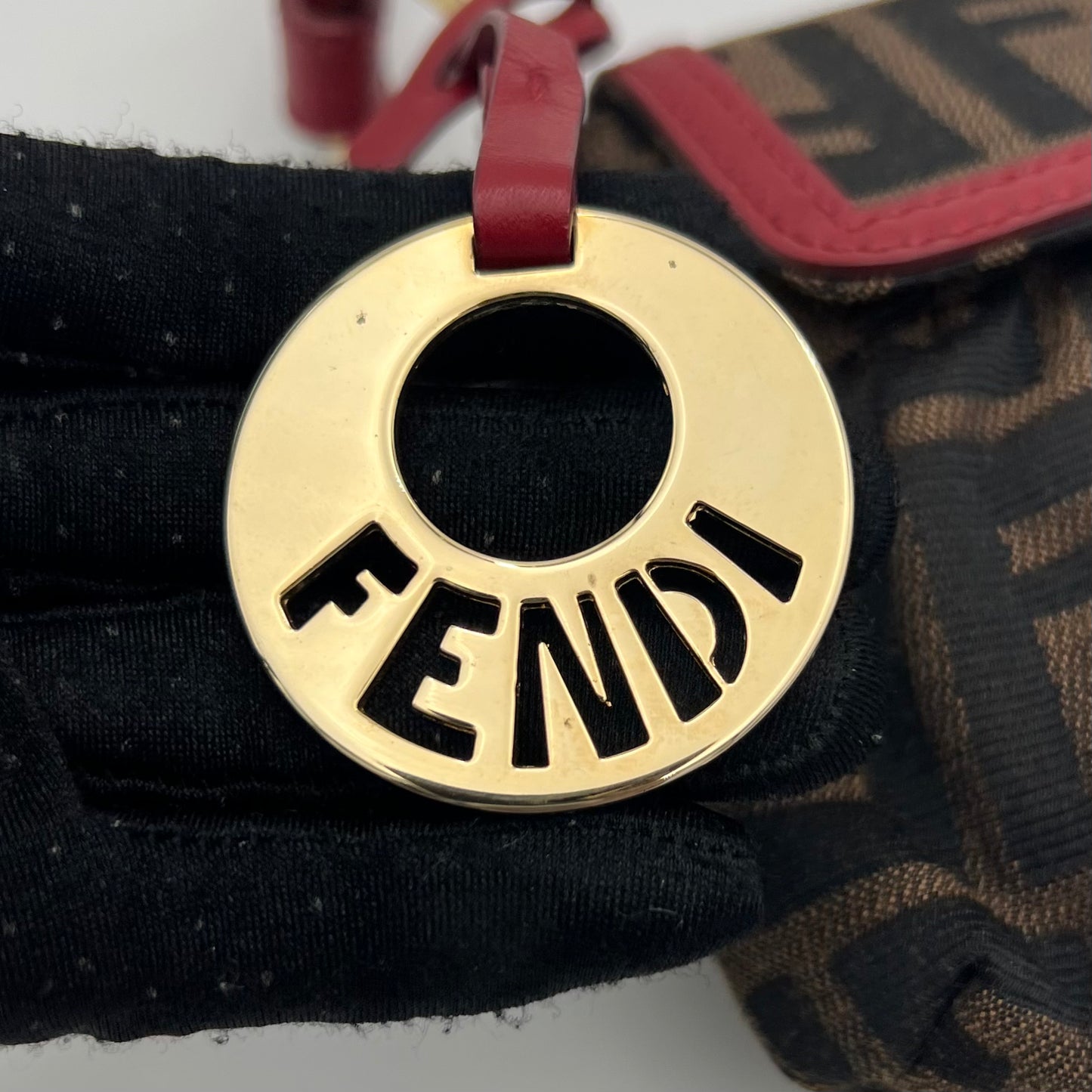 Fendi Tobacco Zucca Burgundy Leather Trimmed Mini Chef Flap Baguette