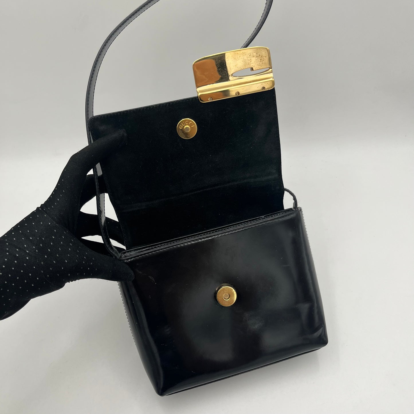 Gucci Black Patent Flap Long Strap Mini Shoulder Bag