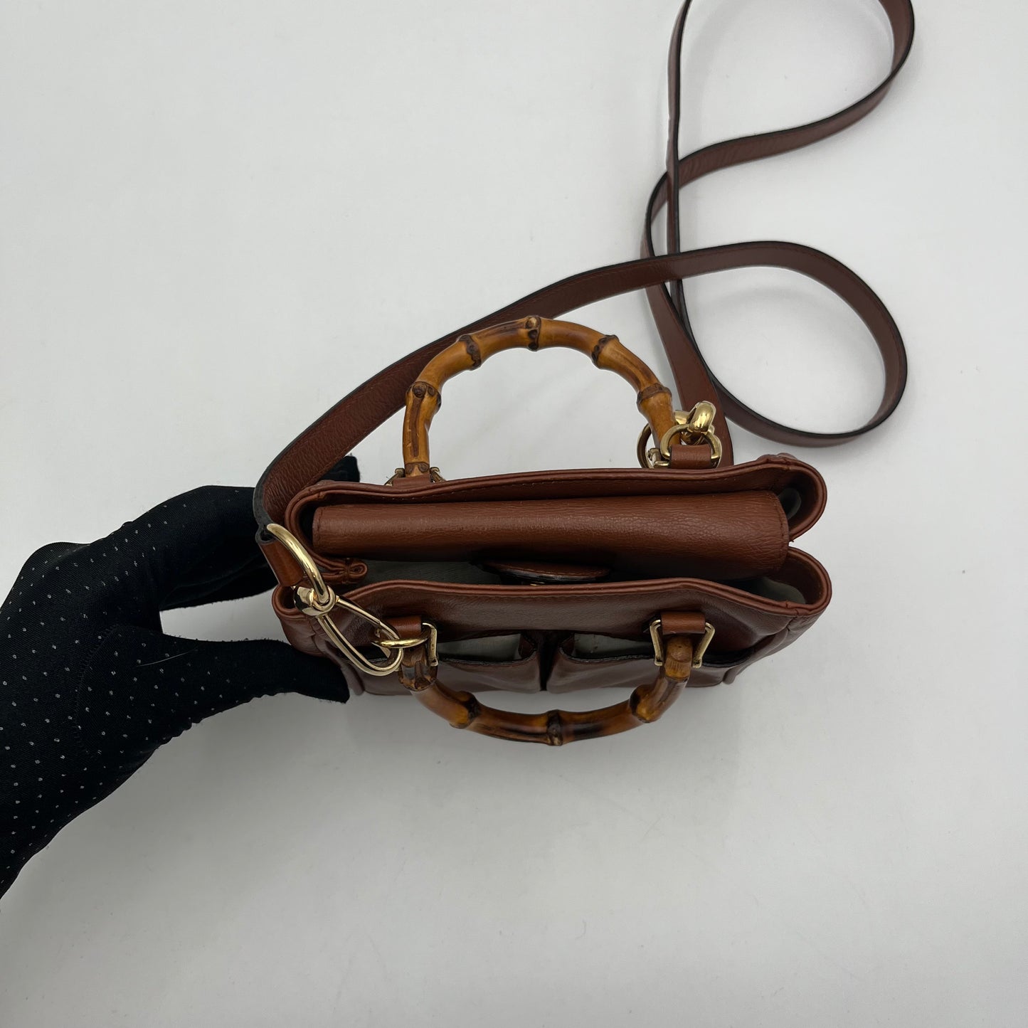 Gucci Brown Leather Bamboo Mini Handbag with Sling