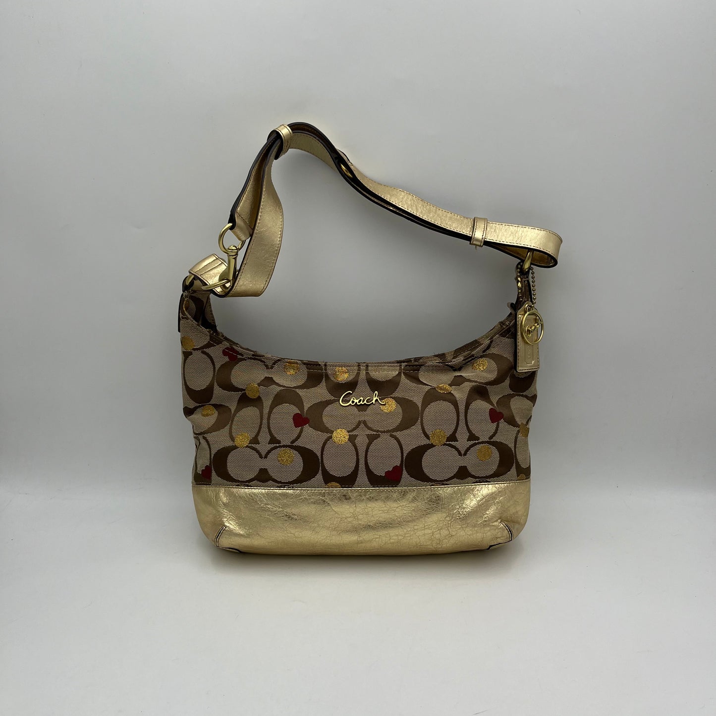 Coach Big C Signature Gold Leather Polka Hearts Shoulder Bag