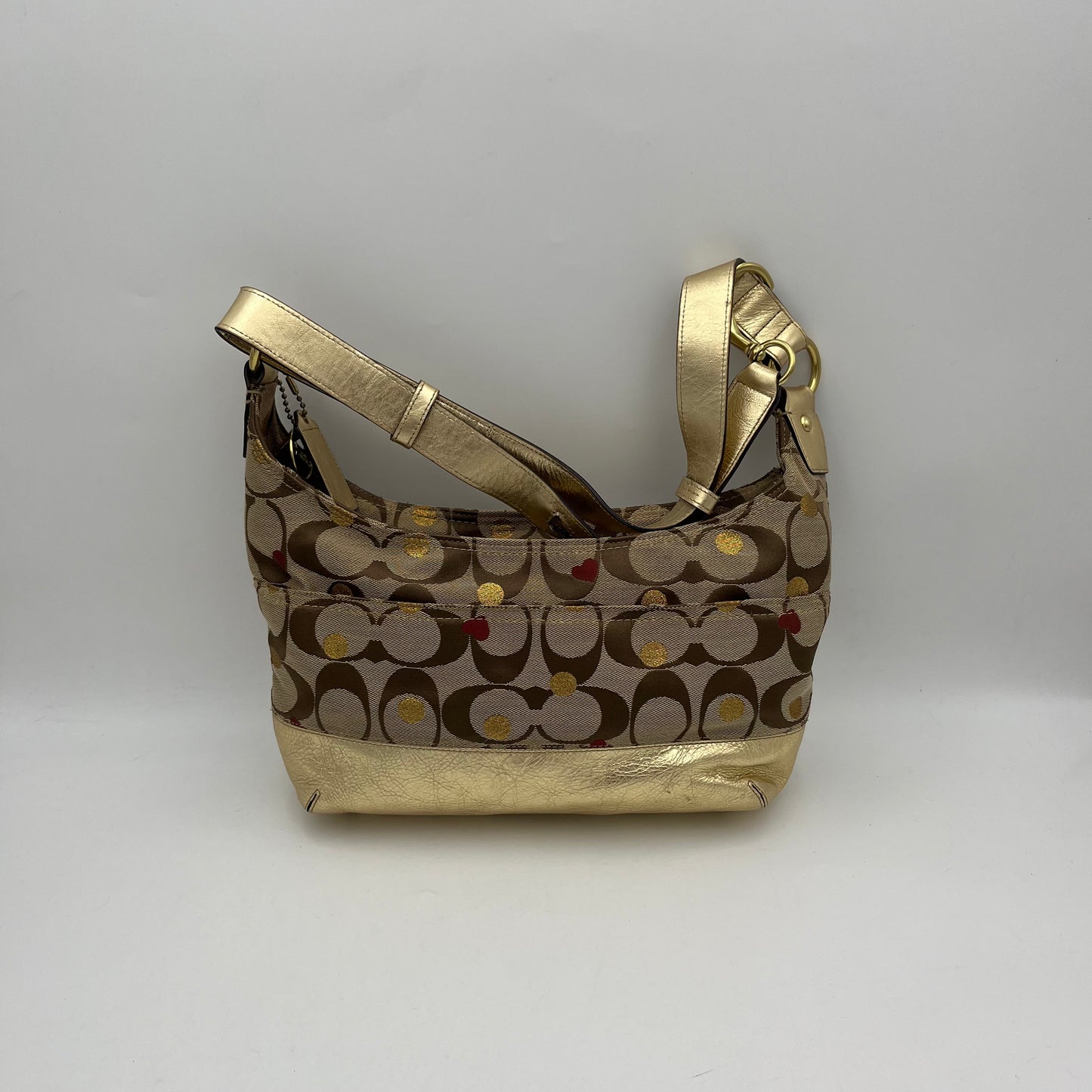 Coach Big C Signature Gold Leather Polka Hearts Shoulder Bag