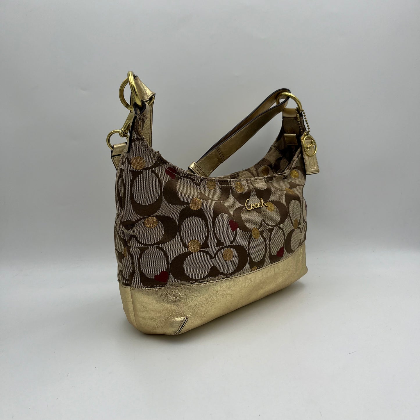 Coach Big C Signature Gold Leather Polka Hearts Shoulder Bag