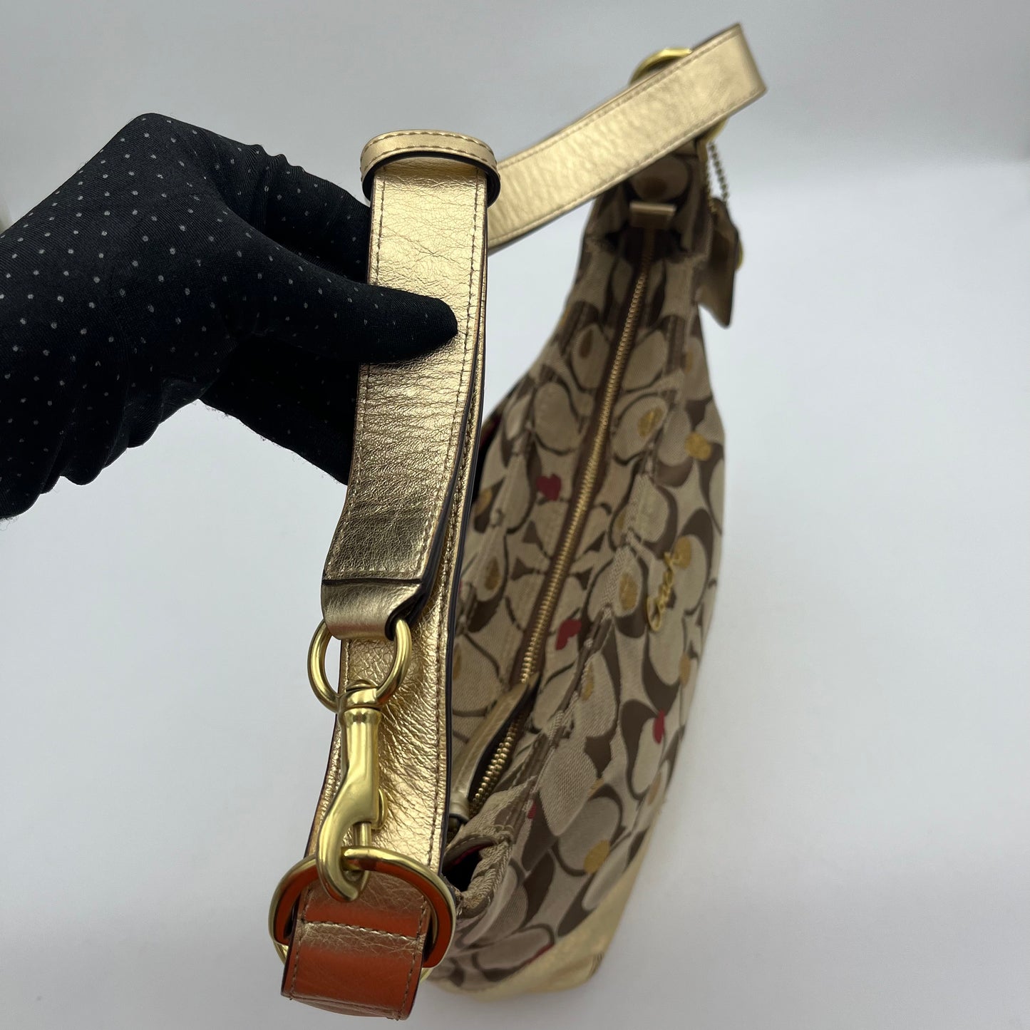 Coach Big C Signature Gold Leather Polka Hearts Shoulder Bag