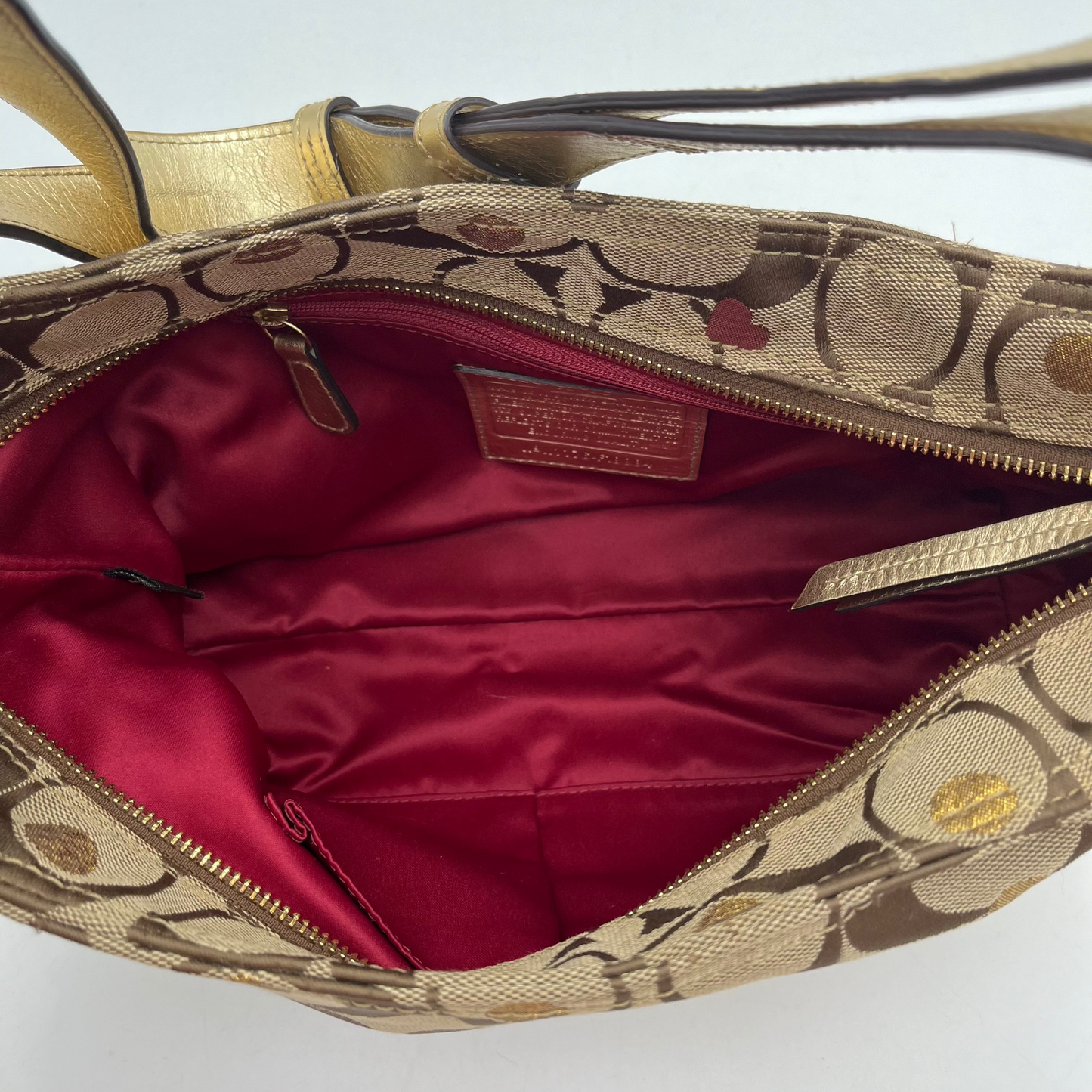 Coach Big C Signature Gold Leather Polka Hearts Shoulder Bag