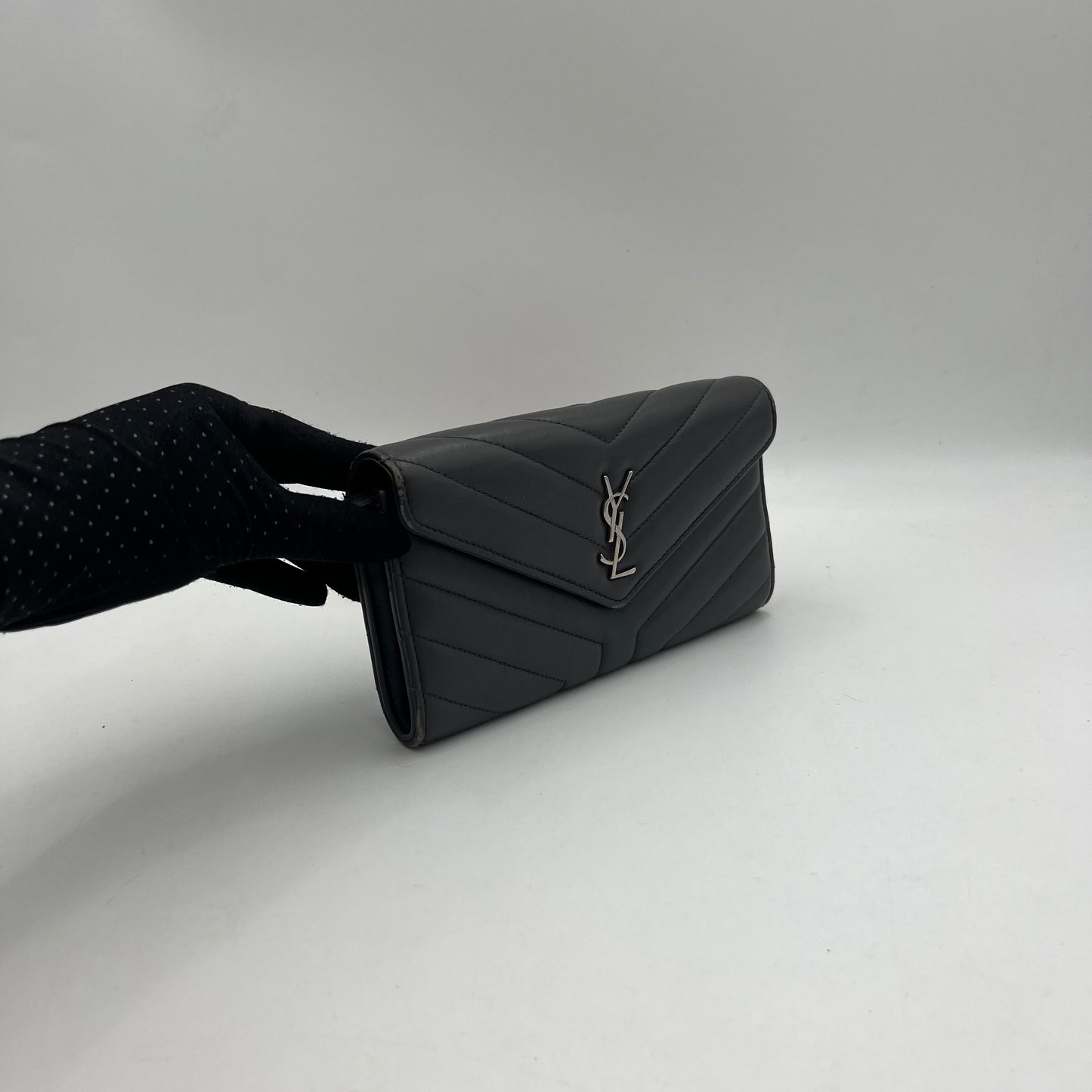YSL Gray Lambskin Flap Long Wallet