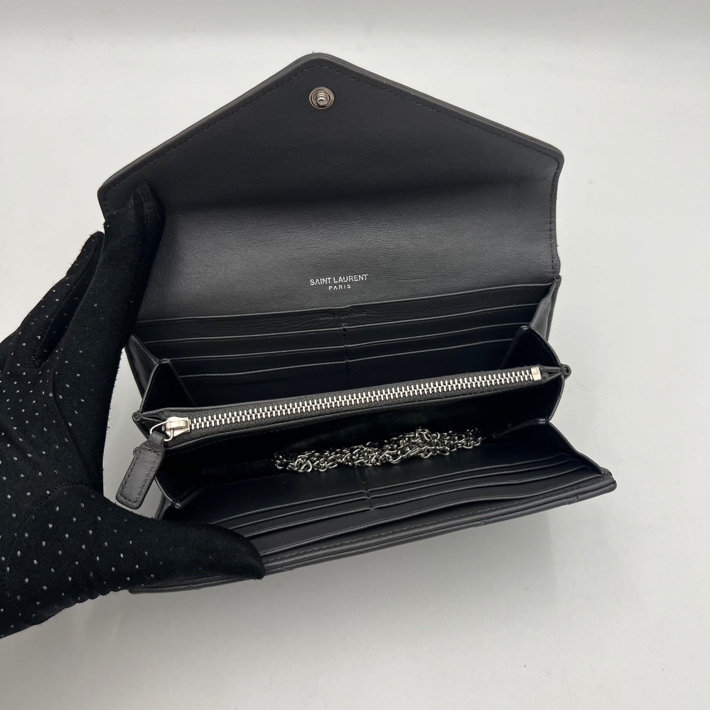 YSL Gray Lambskin Flap Long Wallet