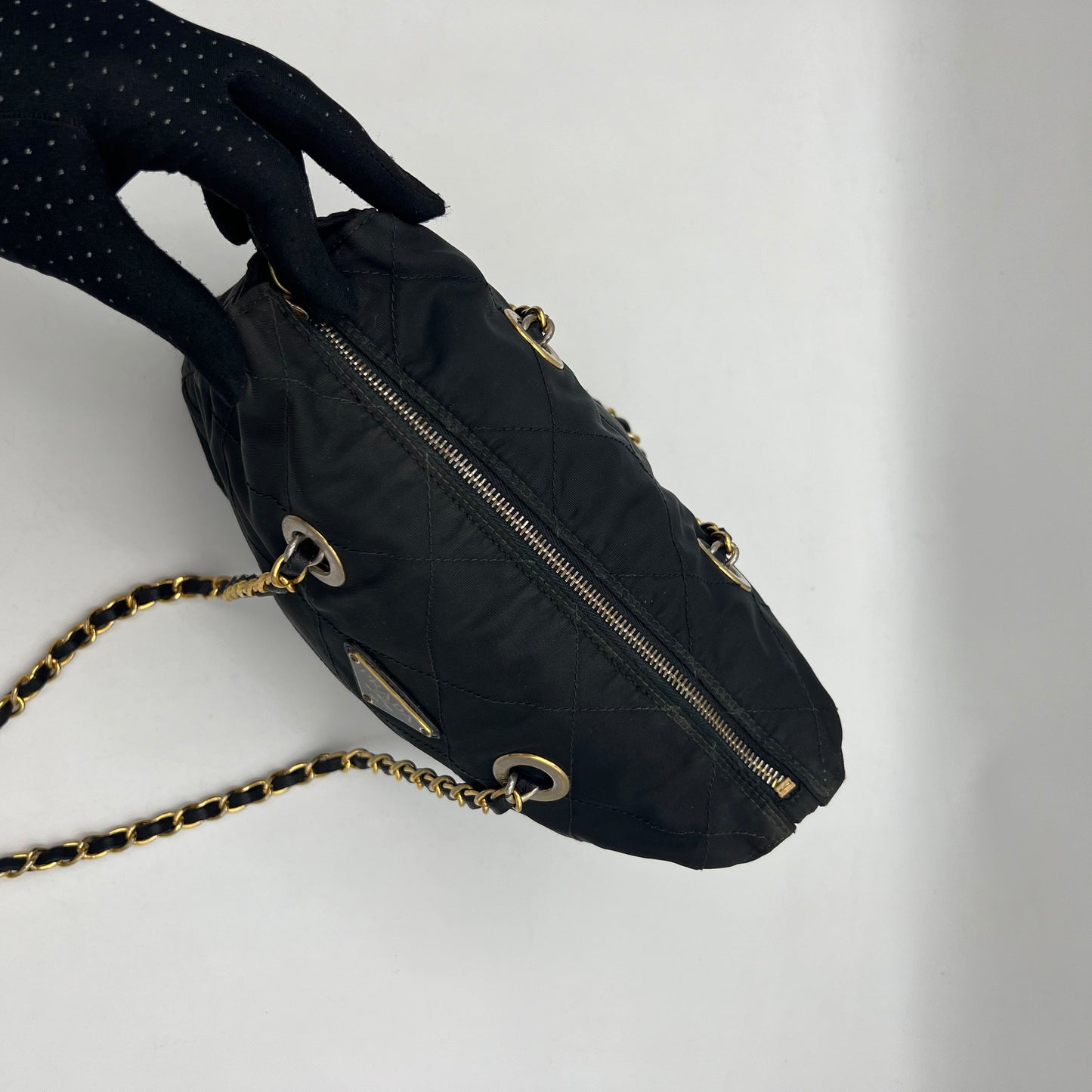 Prada Black Quilted Nylon Small Zip Chain Bag GHW