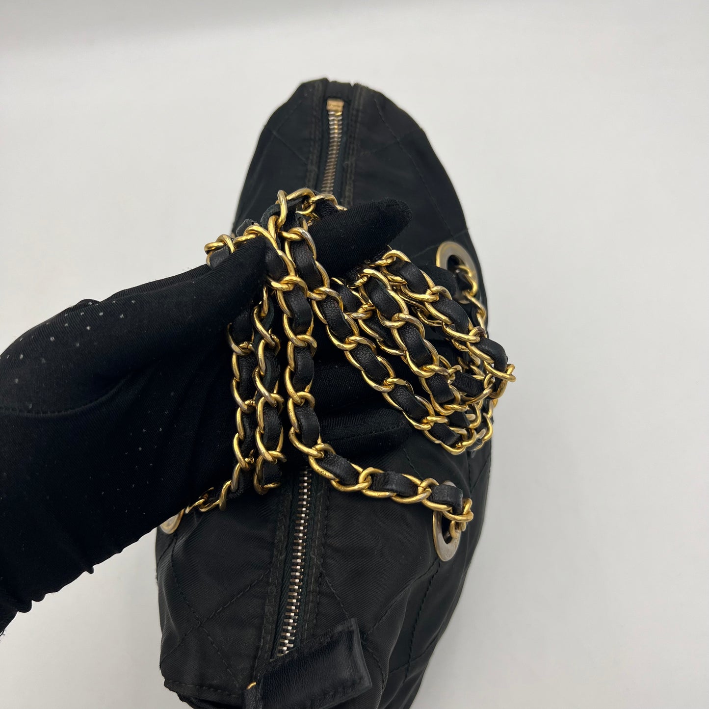Prada Black Quilted Nylon Small Zip Chain Bag GHW