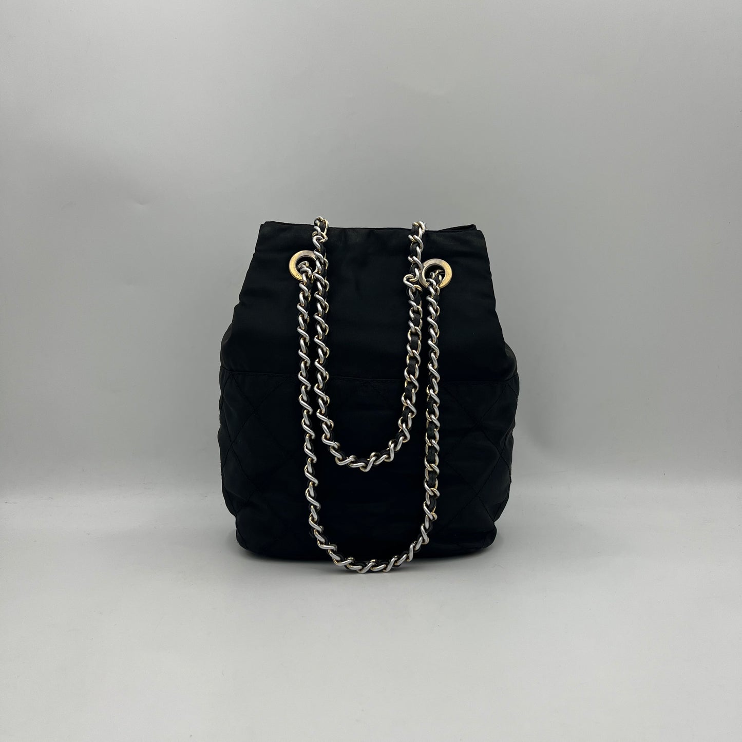 Prada Black Quilted Nylon Bucket Open Chain Bag GHW
