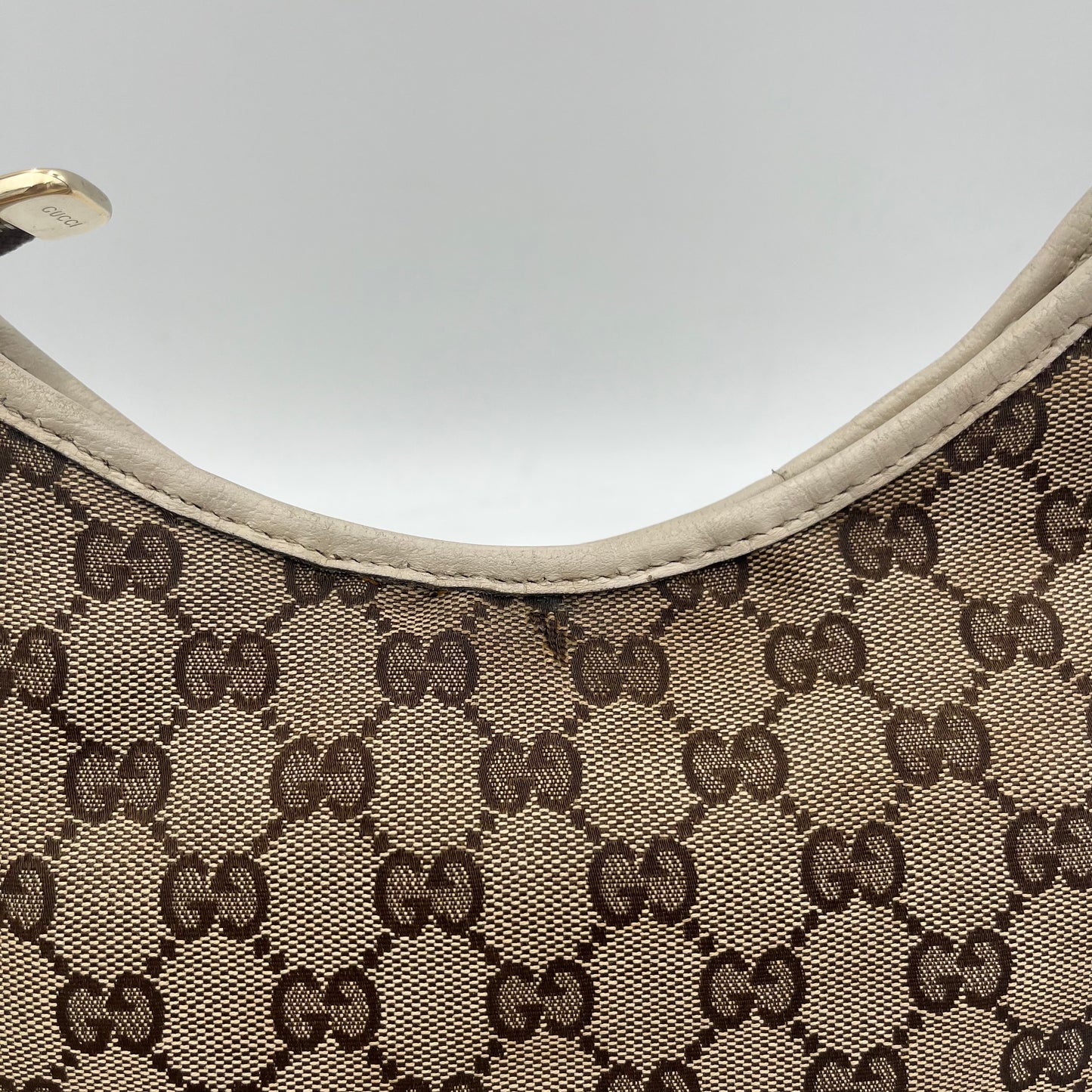 Gucci Monogram Canvas White Leather Abbey D-Ring Hobo Shoulder Bag