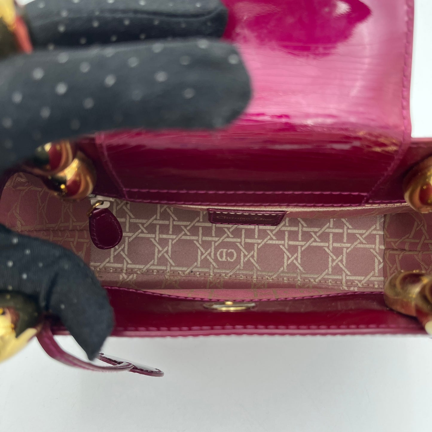 Christian Dior Magenta Patent Leather Malice Pearl Handbag GHW