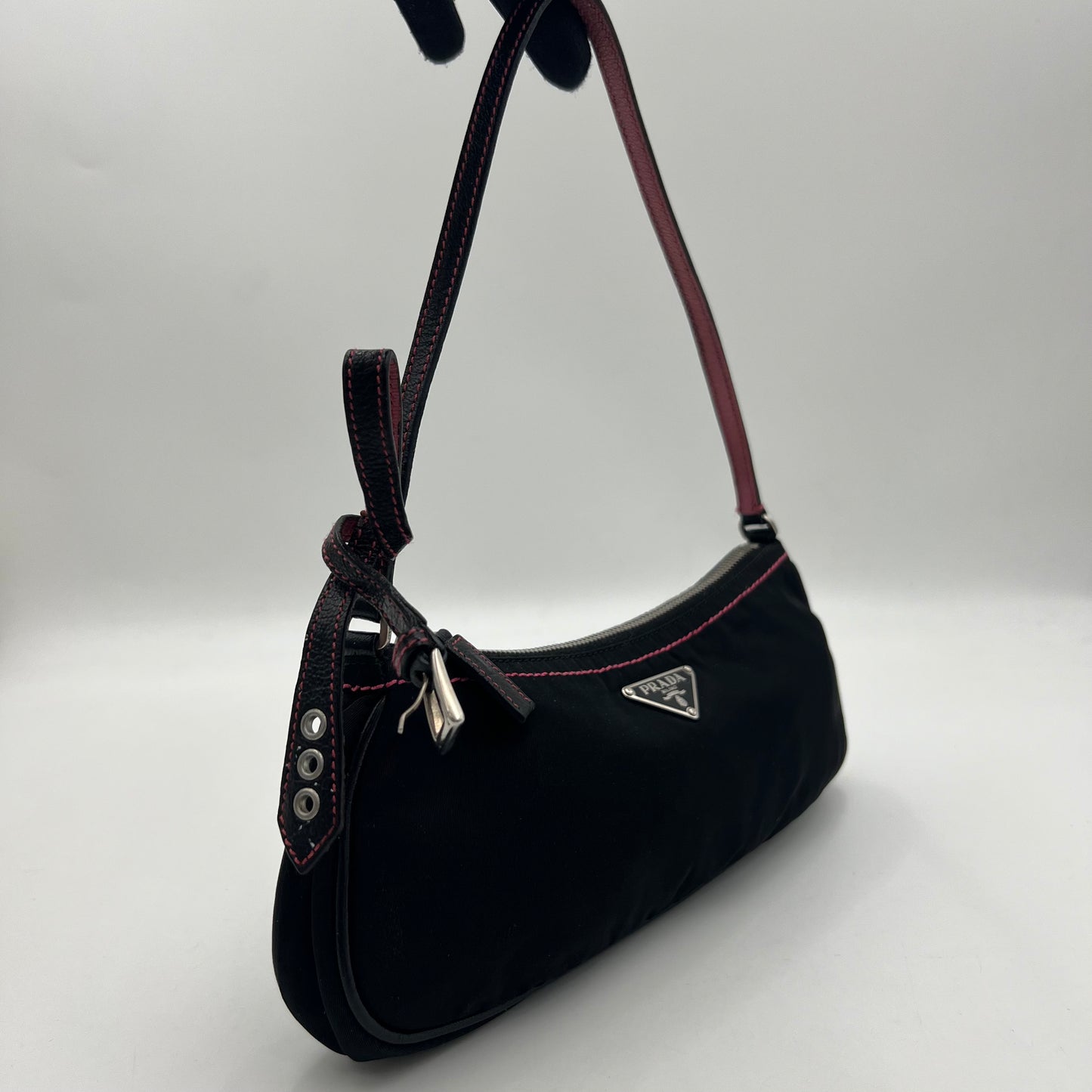 Prada Black Nylon Pink Stitched Pochette