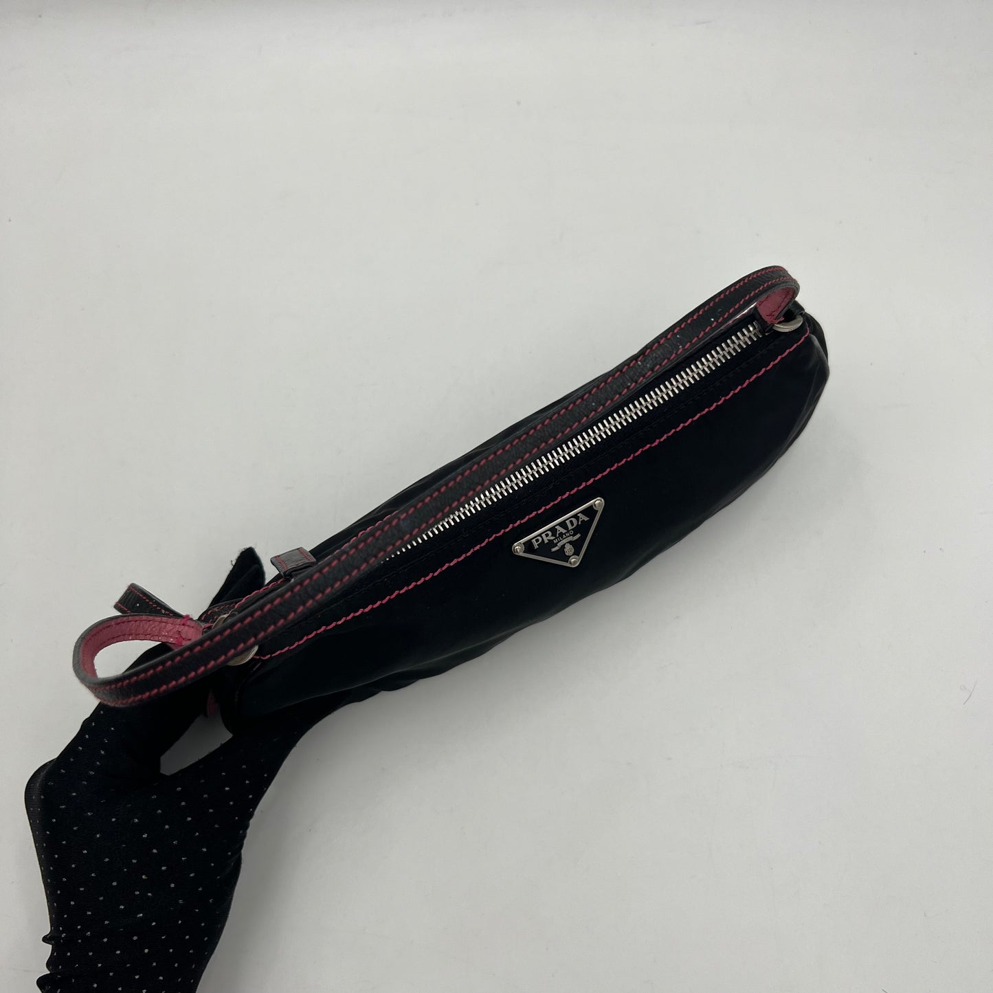Prada Black Nylon Pink Stitched Pochette