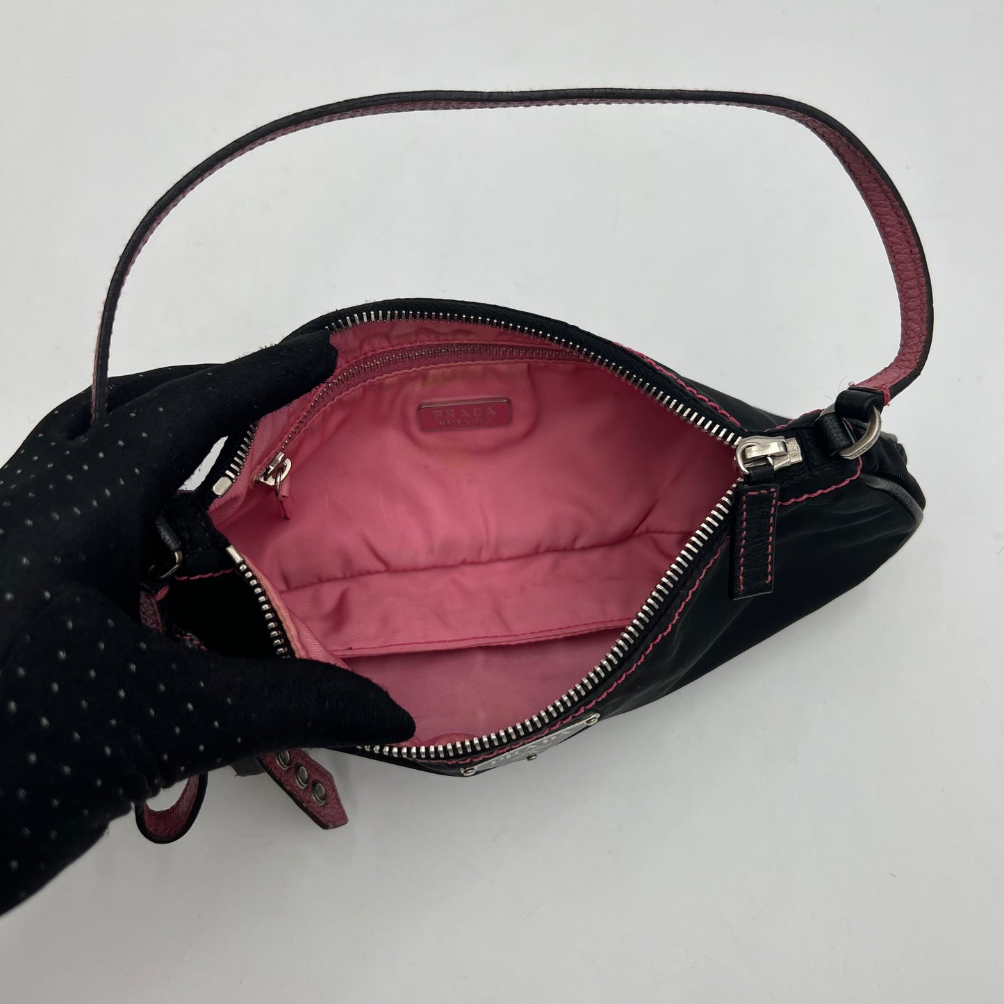 Prada Black Nylon Pink Stitched Pochette