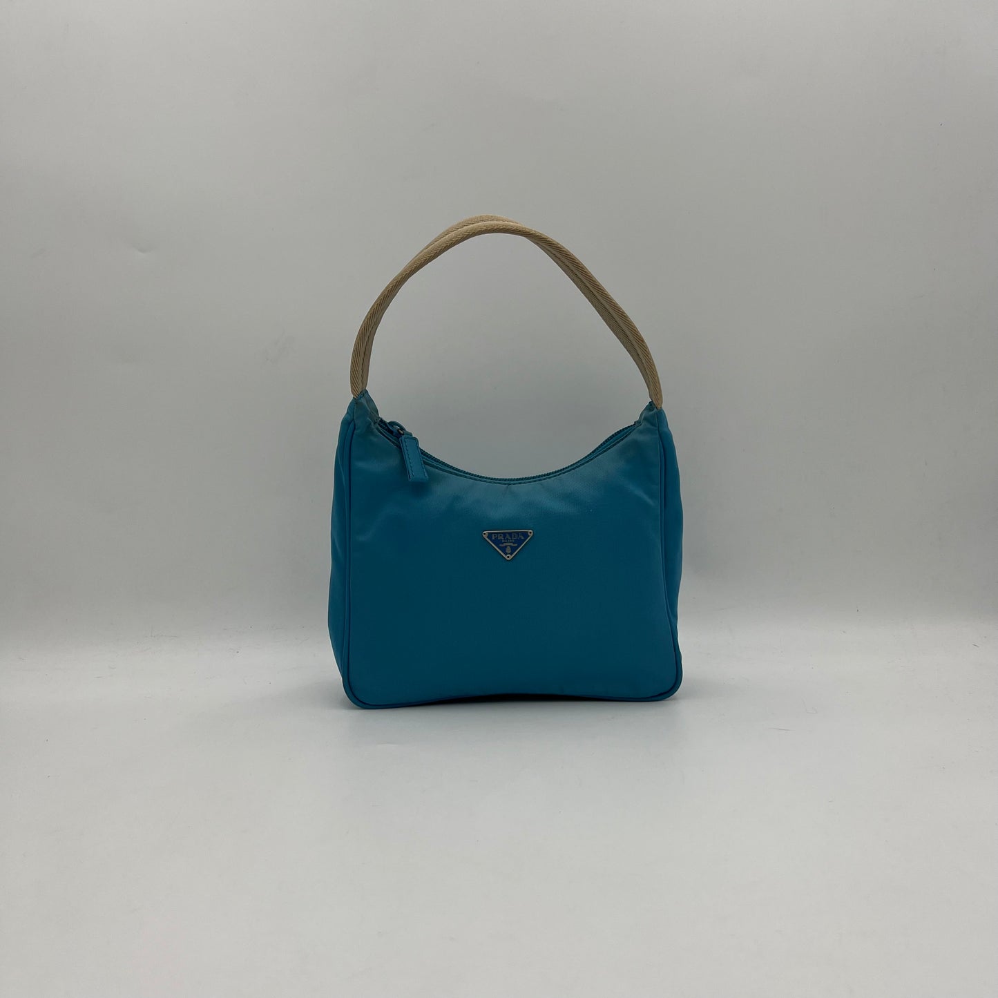 Prada Blue Nylon Beige Handle Mini Hobo Baguette
