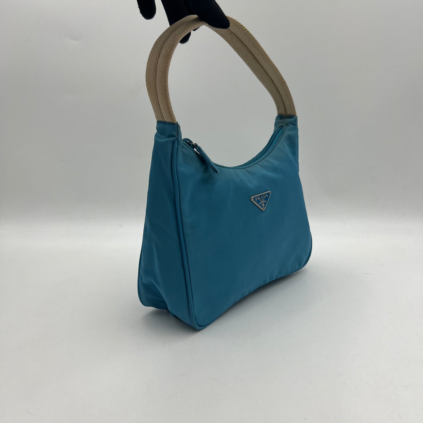 Prada Blue Nylon Beige Handle Mini Hobo Baguette