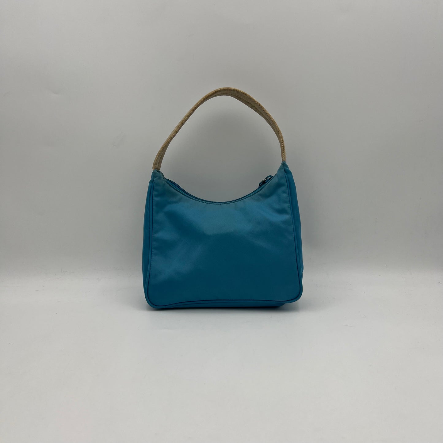 Prada Blue Nylon Beige Handle Mini Hobo Baguette