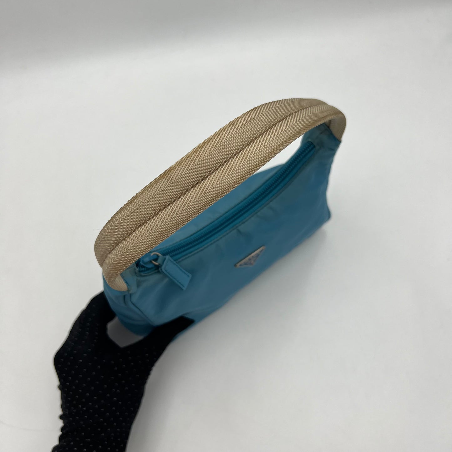 Prada Blue Nylon Beige Handle Mini Hobo Baguette
