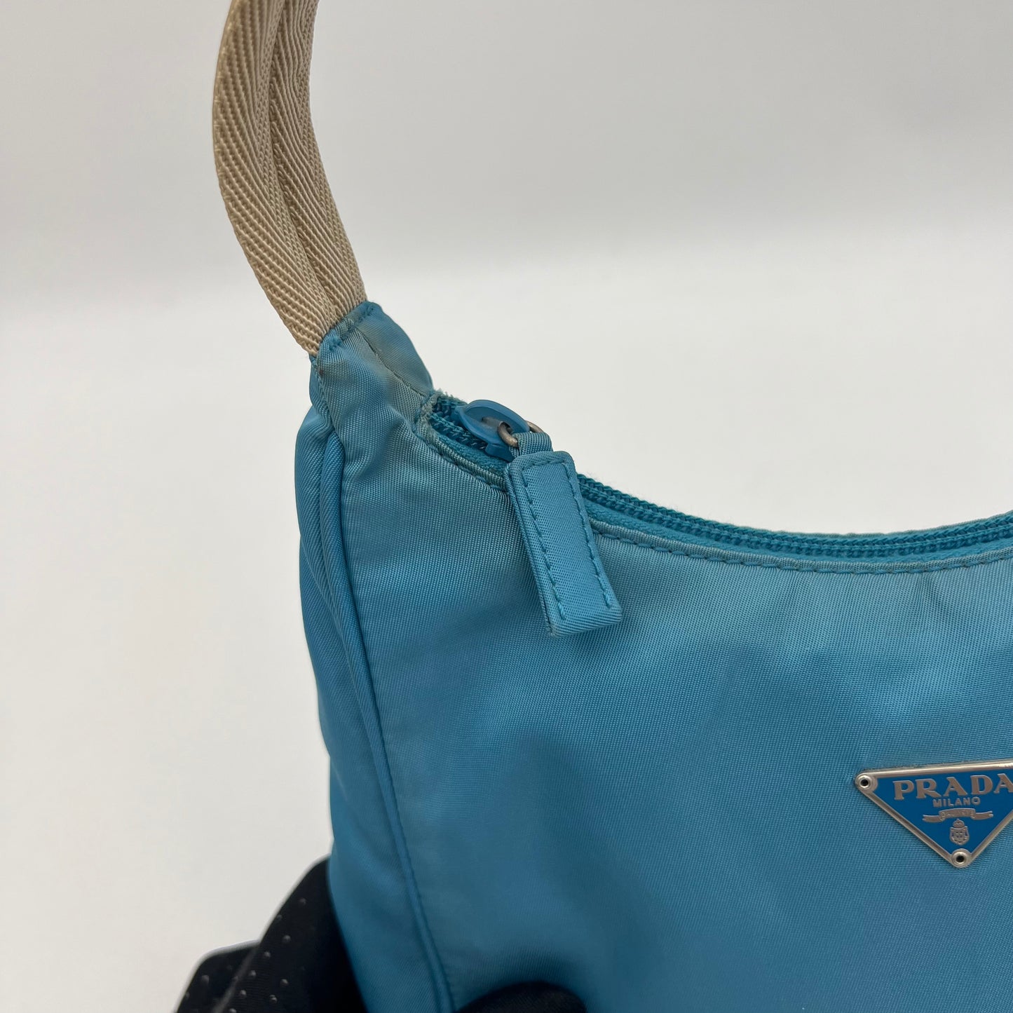 Prada Blue Nylon Beige Handle Mini Hobo Baguette