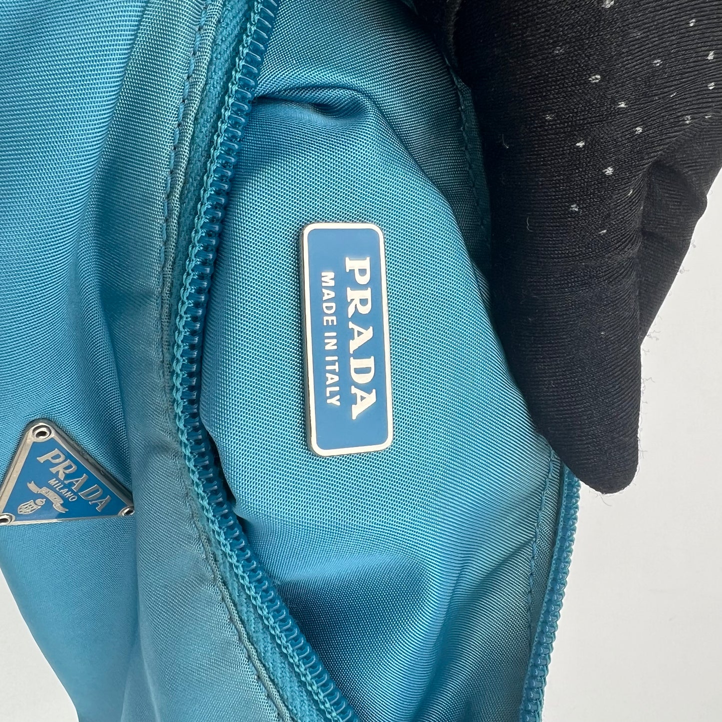 Prada Blue Nylon Beige Handle Mini Hobo Baguette