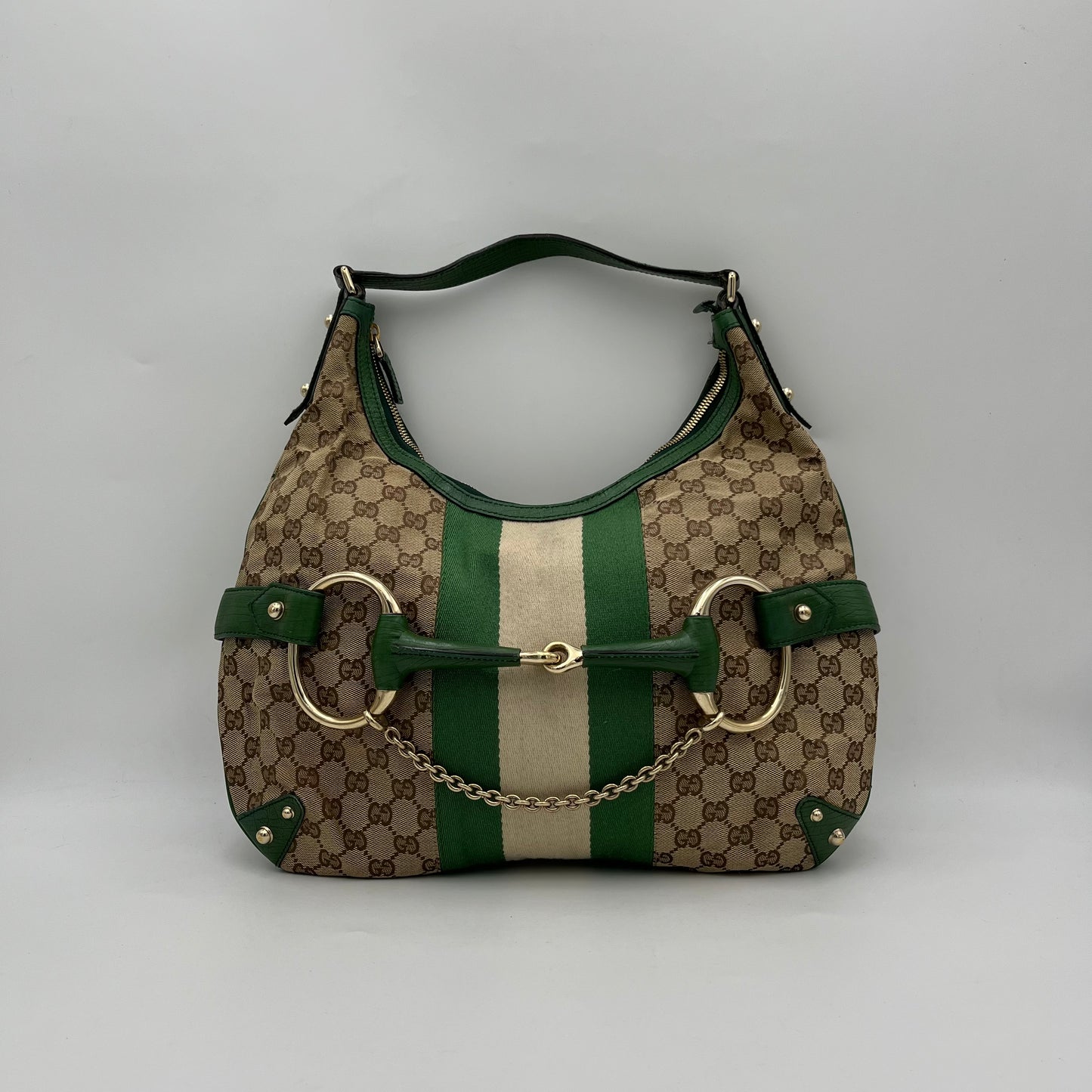 Gucci GG Canvas Green Web Horsebit Chain Large Hobo Bag