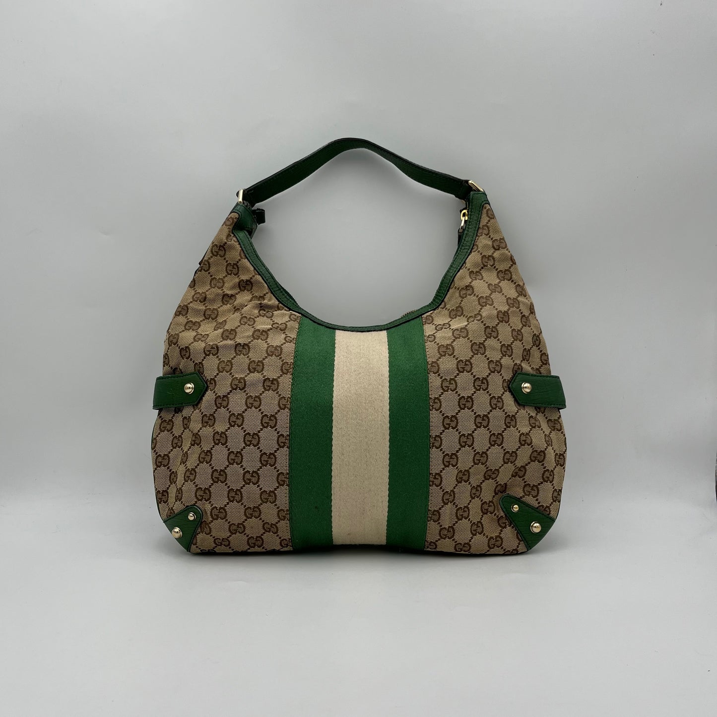 Gucci GG Canvas Green Web Horsebit Chain Large Hobo Bag
