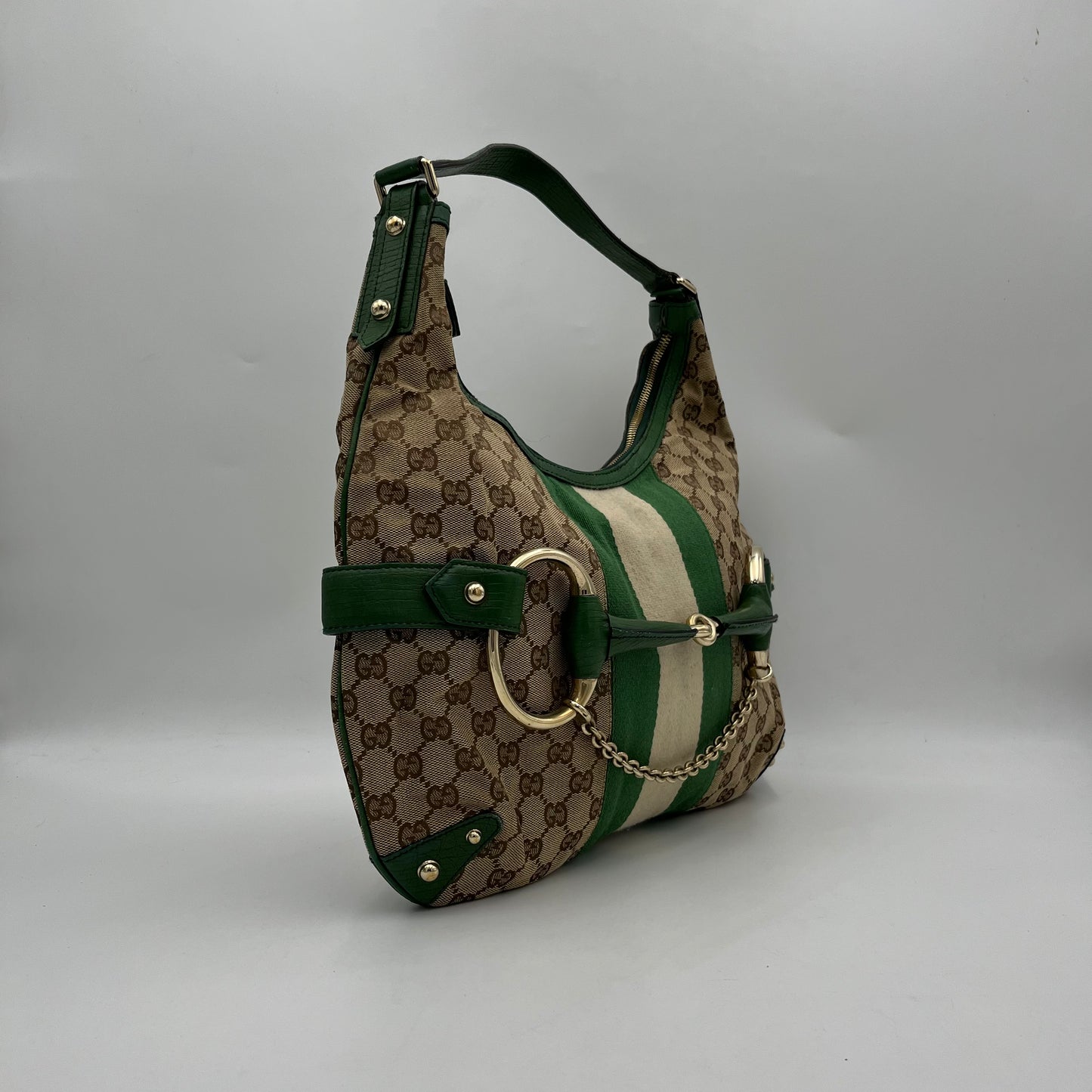 Gucci GG Canvas Green Web Horsebit Chain Large Hobo Bag