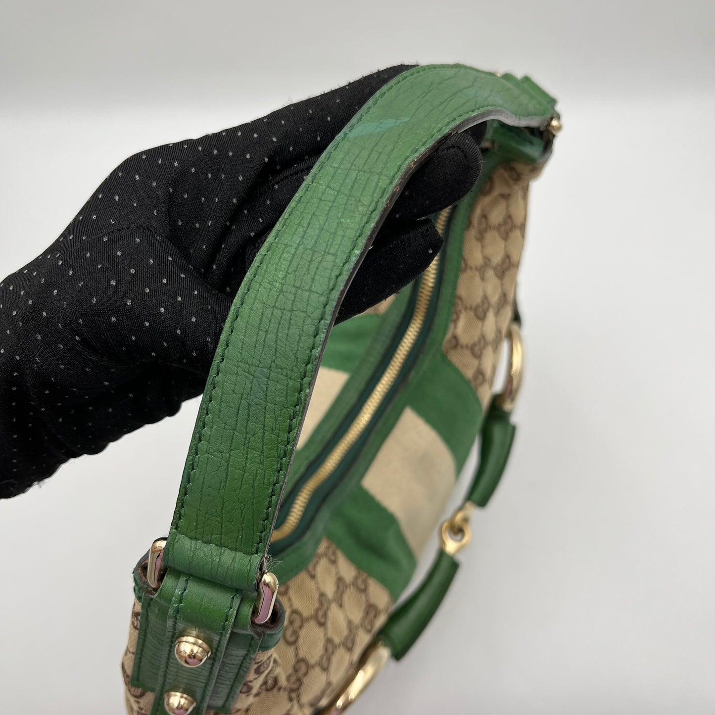 Gucci GG Canvas Green Web Horsebit Chain Large Hobo Bag
