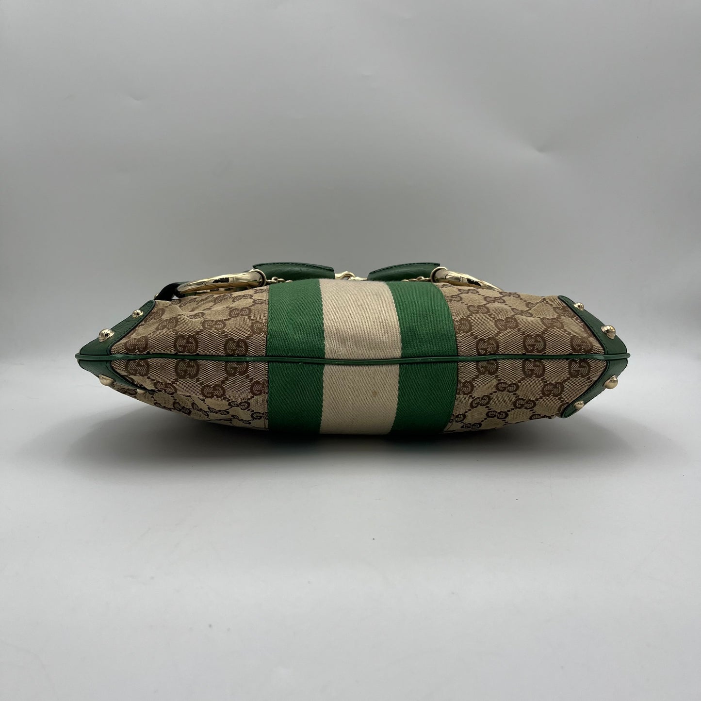 Gucci GG Canvas Green Web Horsebit Chain Large Hobo Bag
