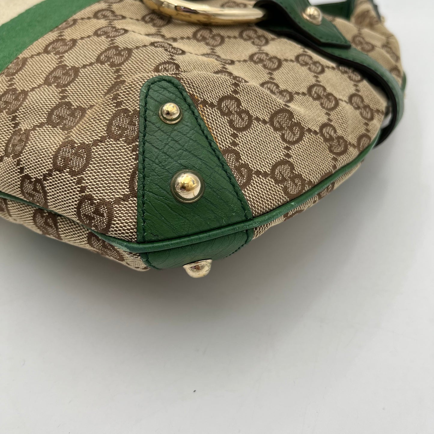 Gucci GG Canvas Green Web Horsebit Chain Large Hobo Bag