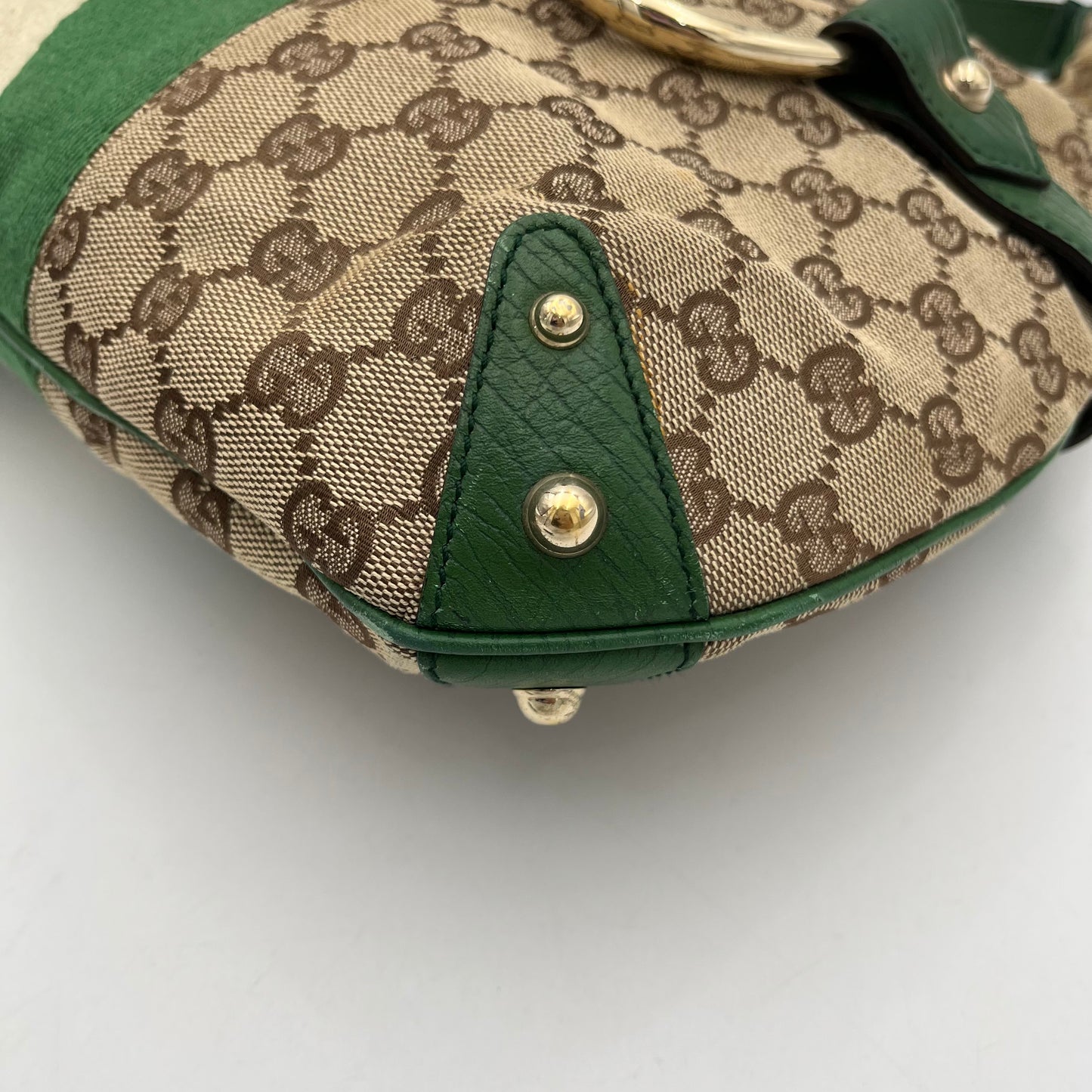 Gucci GG Canvas Green Web Horsebit Chain Large Hobo Bag