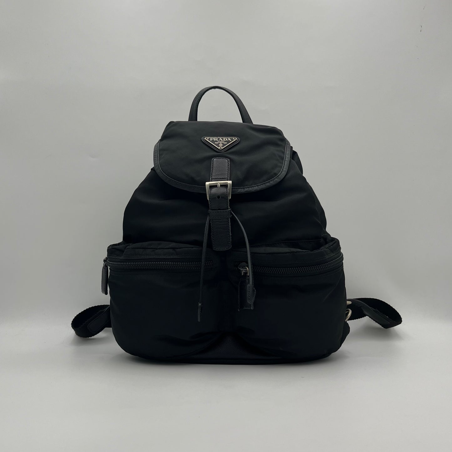 Prada Black Nylon and Leather Double Pocket Backpack