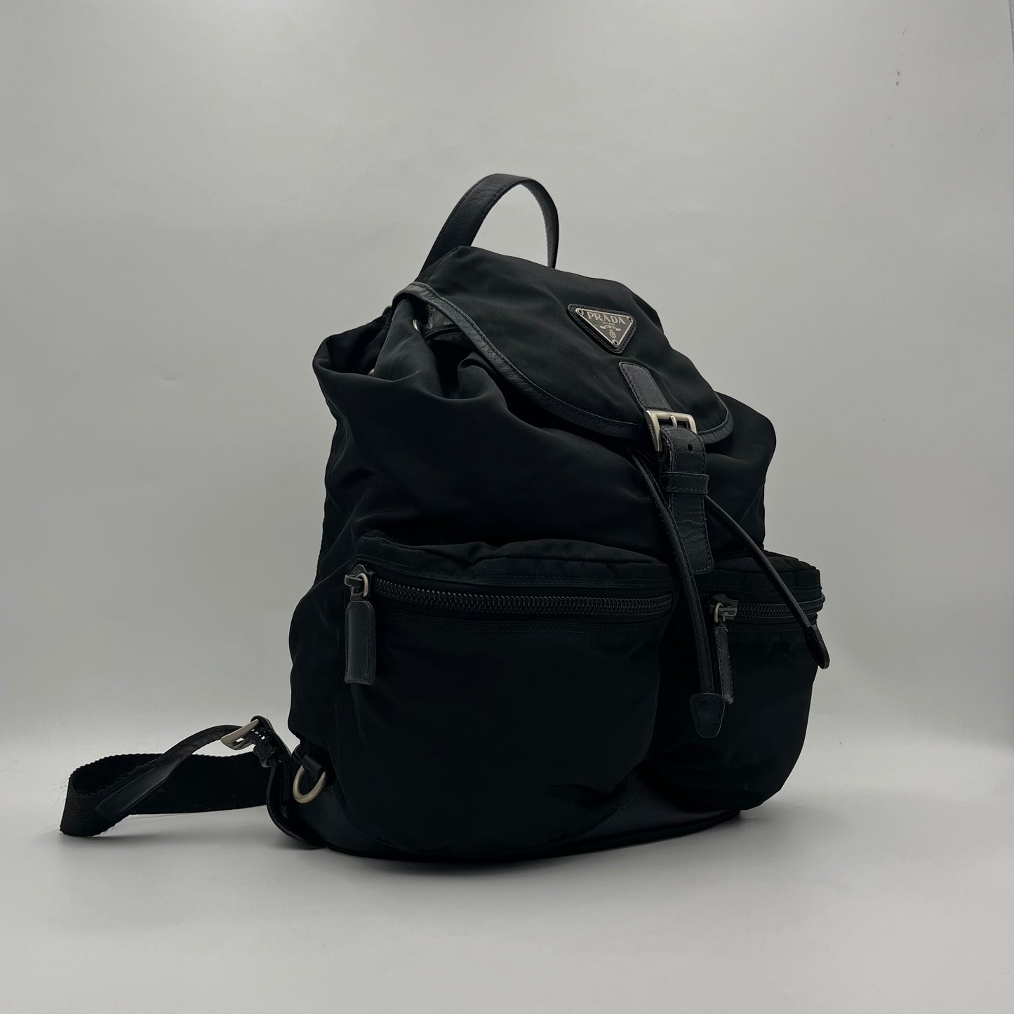 Prada Black Nylon and Leather Double Pocket Backpack