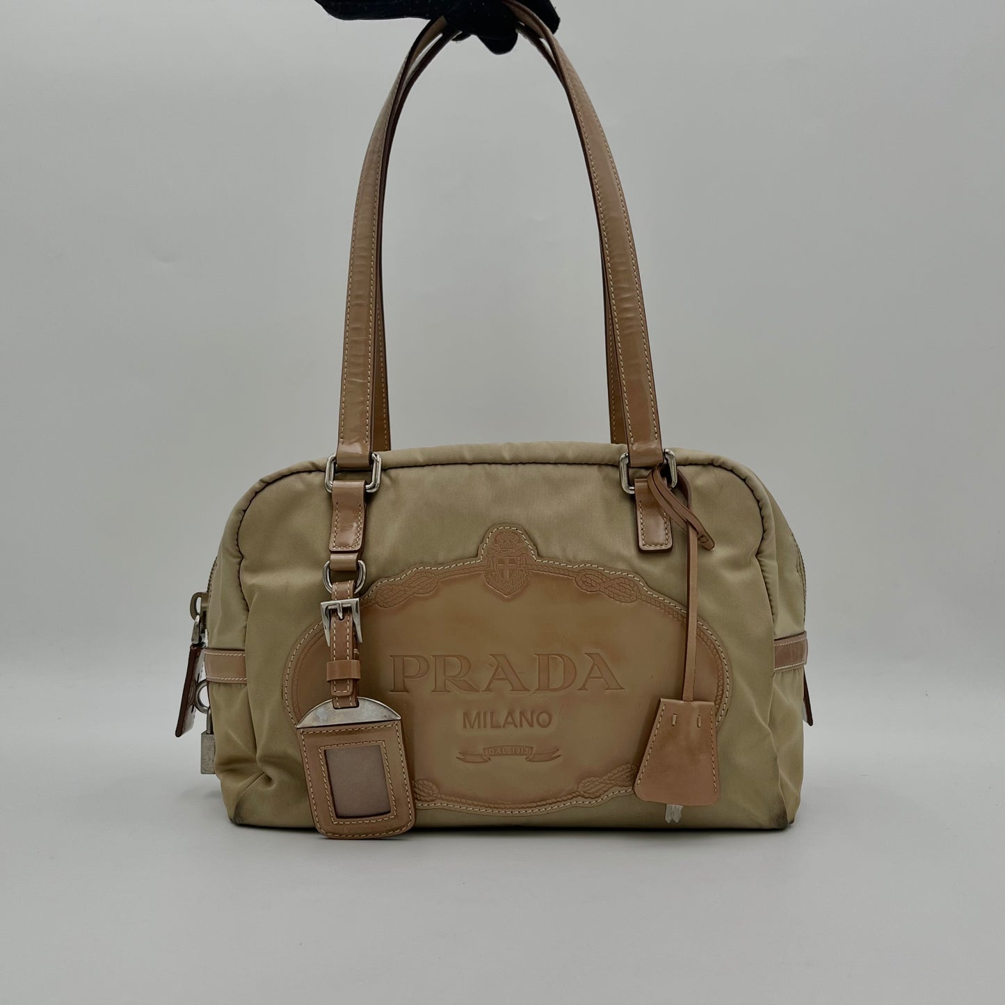 Prada Beige Nylon and Leather Canapa Logo Shoulder Bag