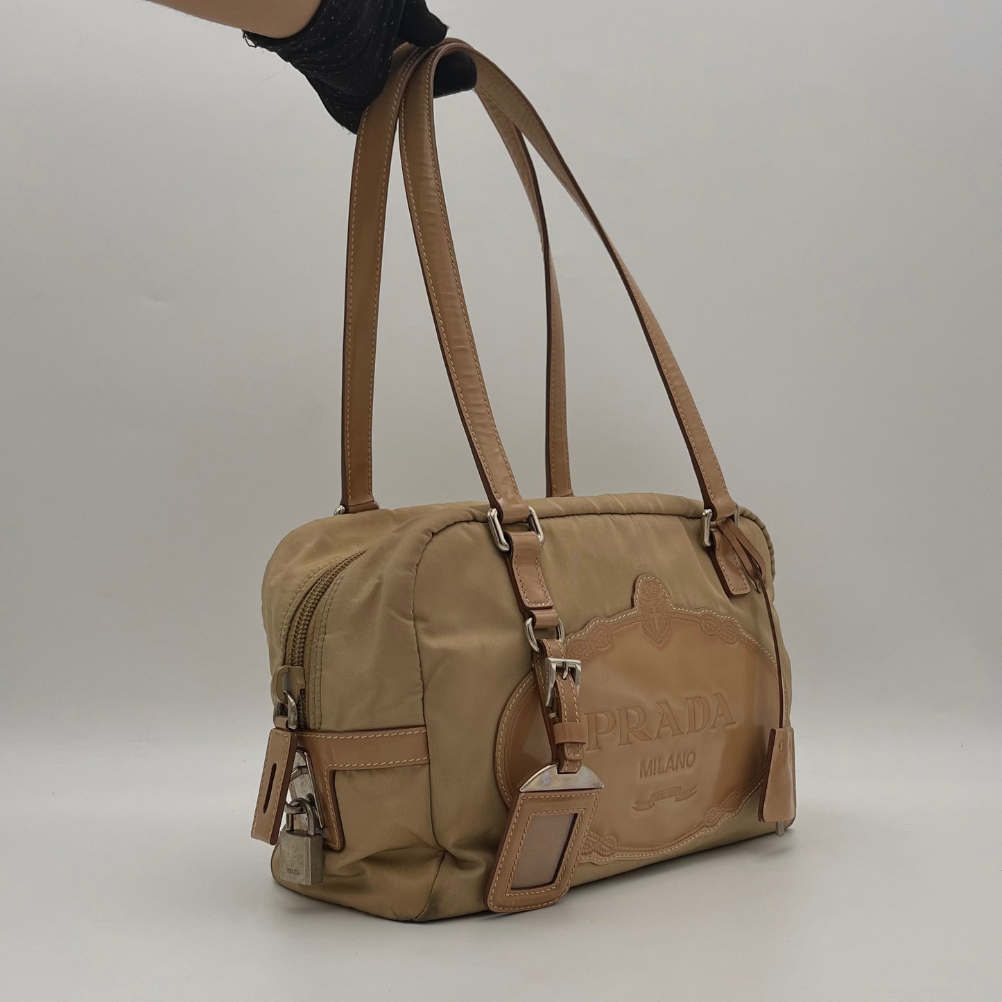 Prada Beige Nylon and Leather Canapa Logo Shoulder Bag