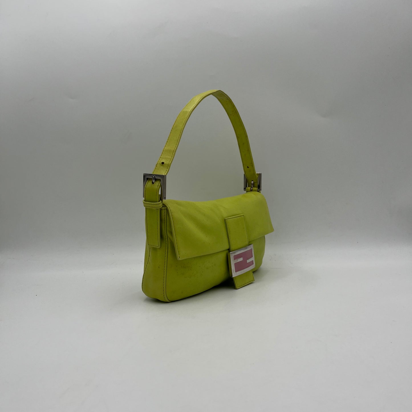 Fendi Lime Green Nappa Leather Pink Buckle Baguette