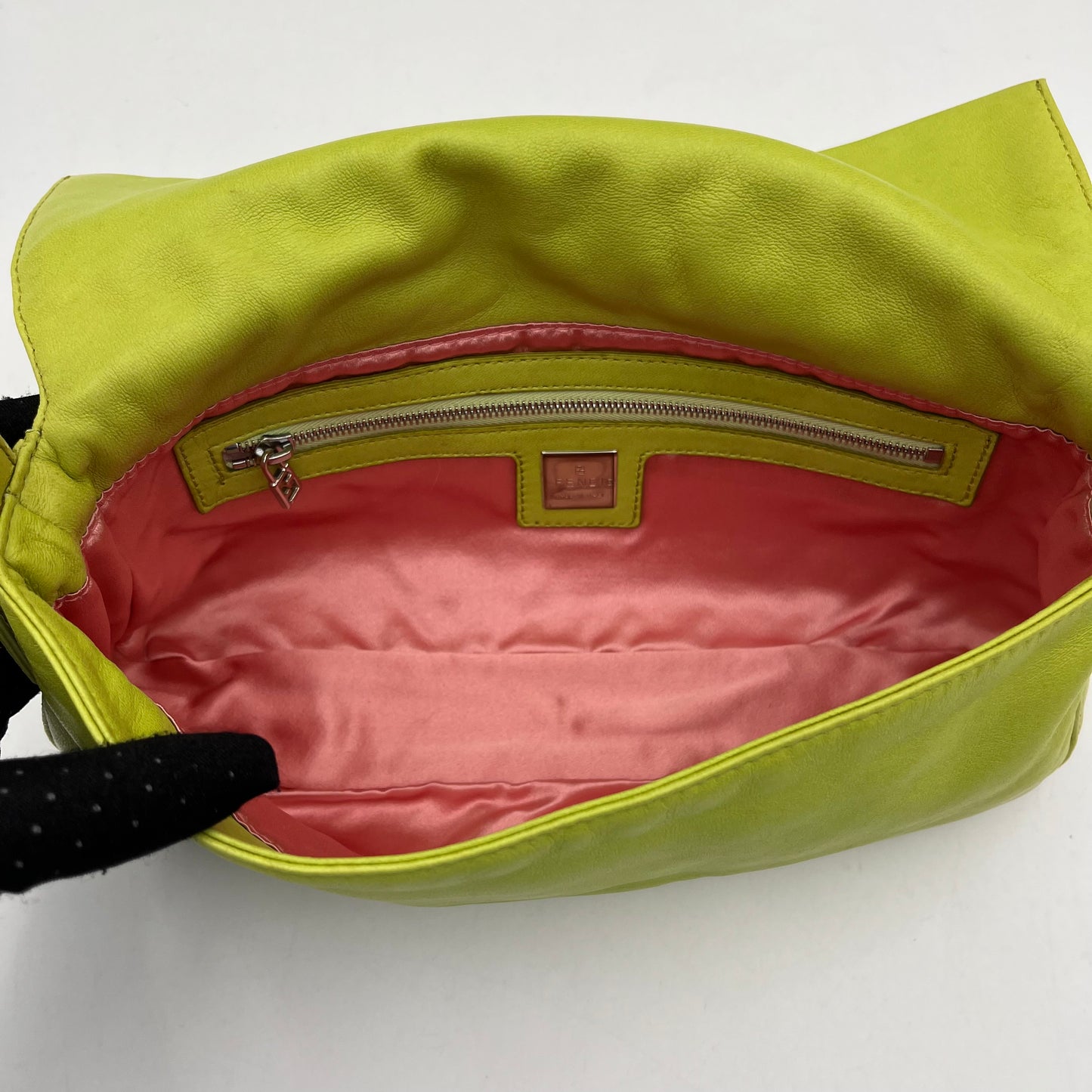 Fendi Lime Green Nappa Leather Pink Buckle Baguette