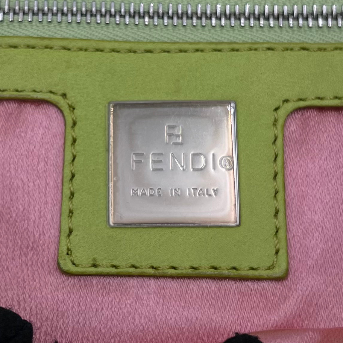 Fendi Lime Green Nappa Leather Pink Buckle Baguette