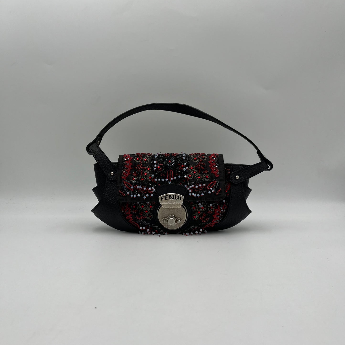 Fendi Black Zucchino Canvas and Leather Beaded Twist Lock Baguette